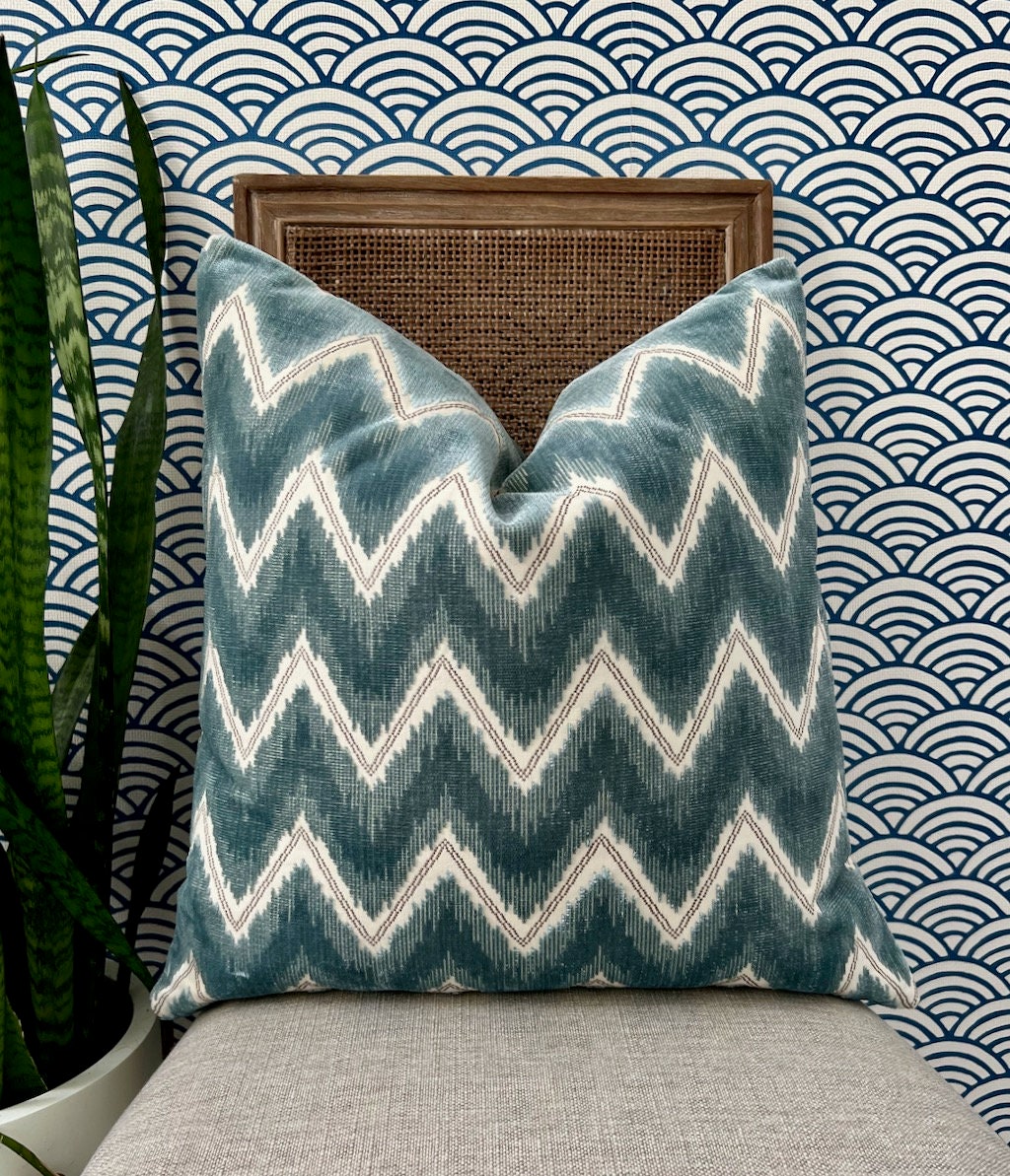 Schumacher Chevron Velvet Pillow in Mineral. Designer Velvet Pillow, Zig Zag Velvet Pillow Cover, Modern Lumbar Pillow, Contemporary Pillows