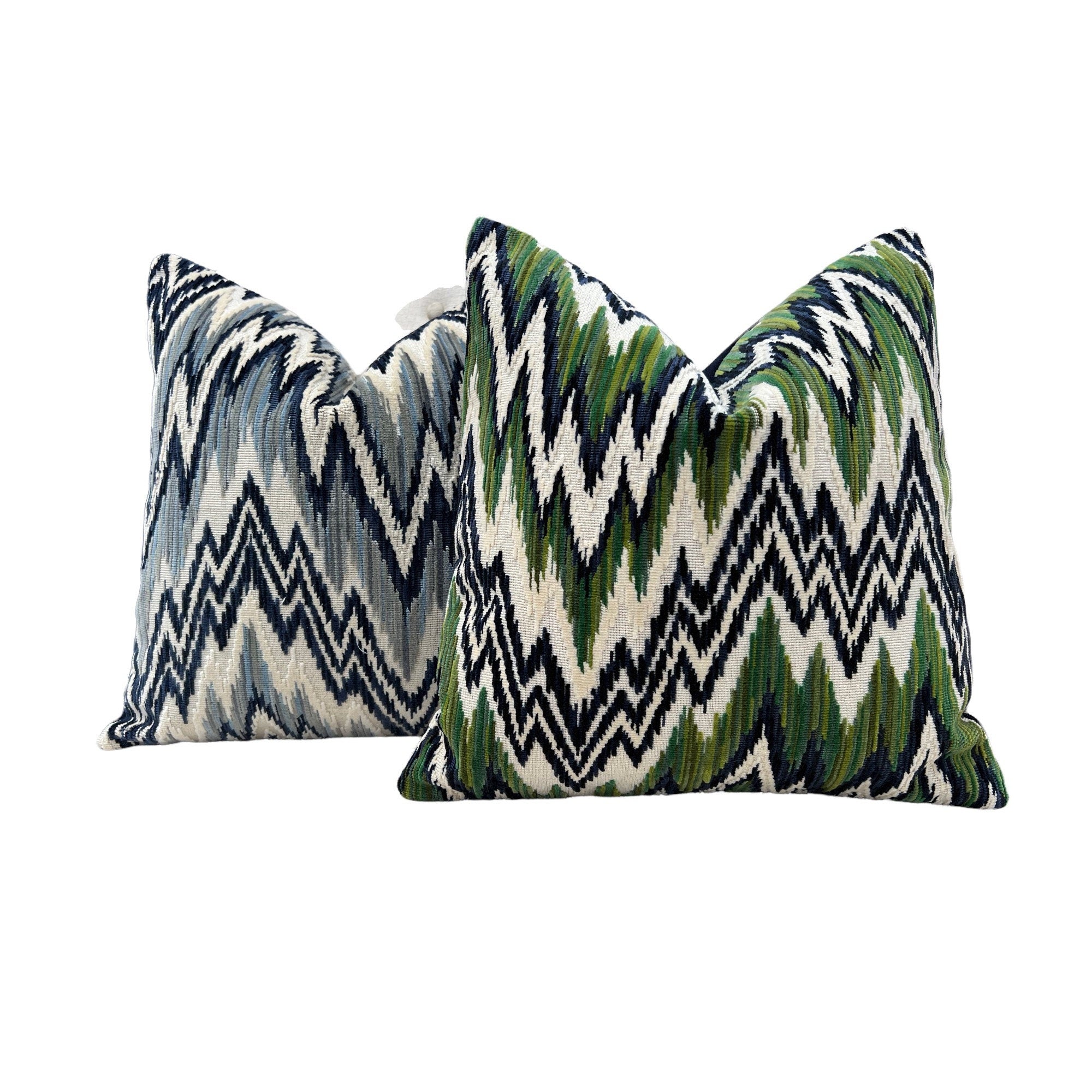 Thibaut Rhythm Velvet Pillow in Emerald and Navy. Designer Pillows // Zig Zag Velvet Pillow // High End Pillows // Green and Navy  Pillows