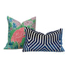 Load image into Gallery viewer, Designer Malai Garden Pillow in Green and Coral. High End Pillows, Chinoiserie Pillows, Green Lumbar Pillow Covers, Bird Print Pillows
