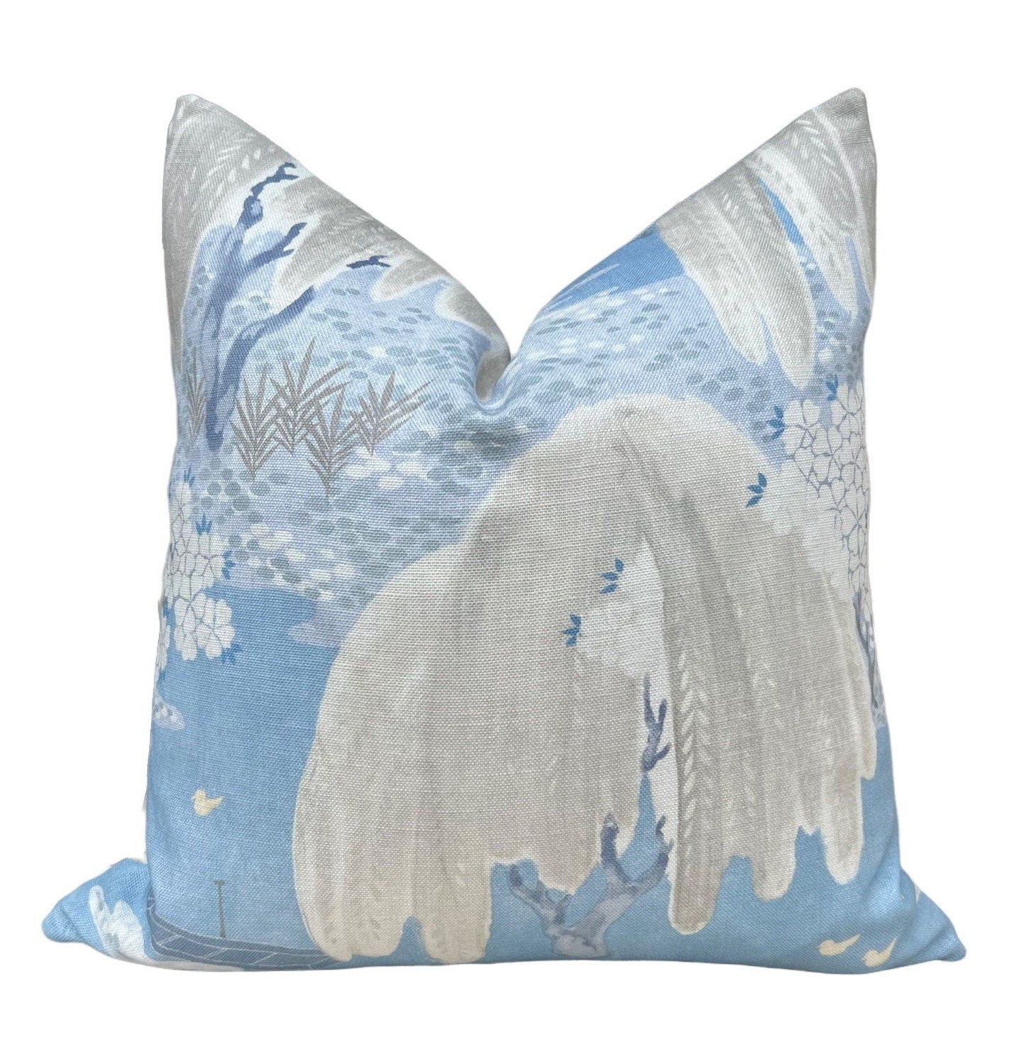 Thibaut Willow Tree Pillow in Soft Blue. Designer Pillows, High End Pillows, Accent Pillows in Gray and Blue, Lumbar Floral Pillow