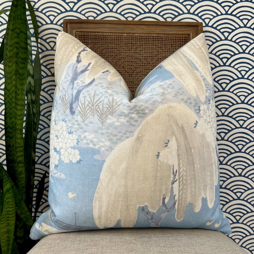 Thibaut Willow Tree Pillow in Soft Blue. Designer Pillows, High End Pillows, Accent Pillows in Gray and Blue, Lumbar Floral Pillow