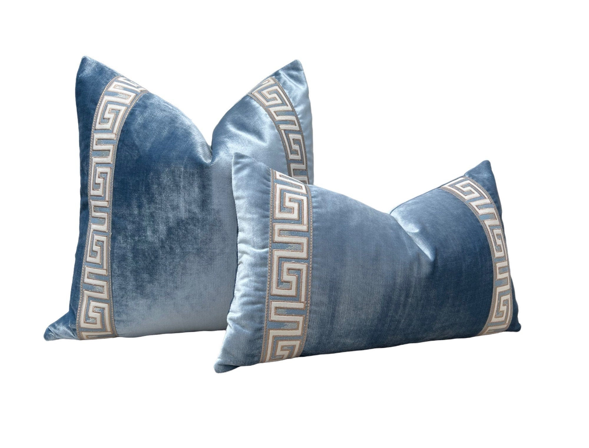 Designer Velvet Pillow in Blue with Greek Key Tape. Designer Pillows, High End Pillows, Greek Key Blue Velvet Pillow Cover, Lumbar Pillow