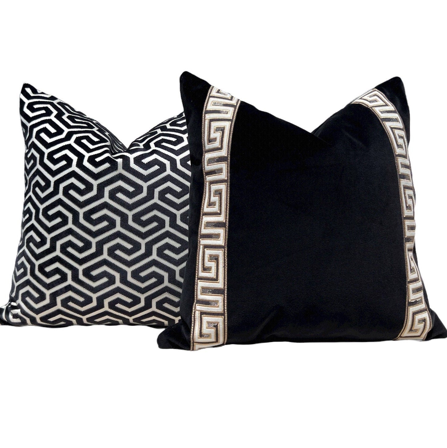 Schumacher Ming Fret Velvet Pillow in Black. Designer Modern Pillows, High End Pillows, Black Fret Works Velvet Pillow, Contemporary Pillow