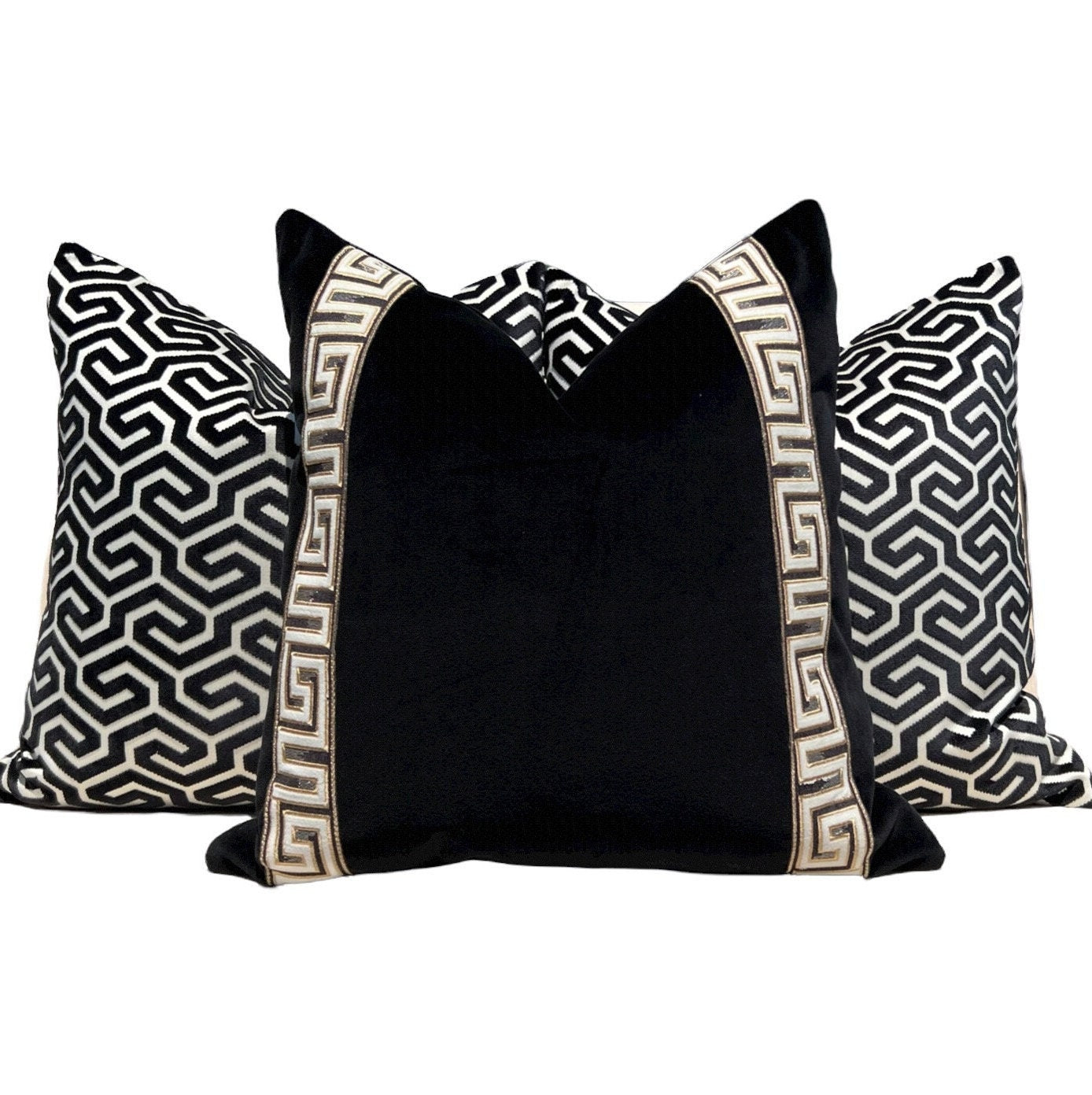 Schumacher Ming Fret Velvet Pillow in Black. Designer Modern Pillows, High End Pillows, Black Fret Works Velvet Pillow, Contemporary Pillow