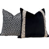 Load image into Gallery viewer, Designer Velvet Pillow in Black, Greek Key Tape. Designer Pillows, High End Pillows, Black Velvet Pillow Cover, Contemporary Pillow