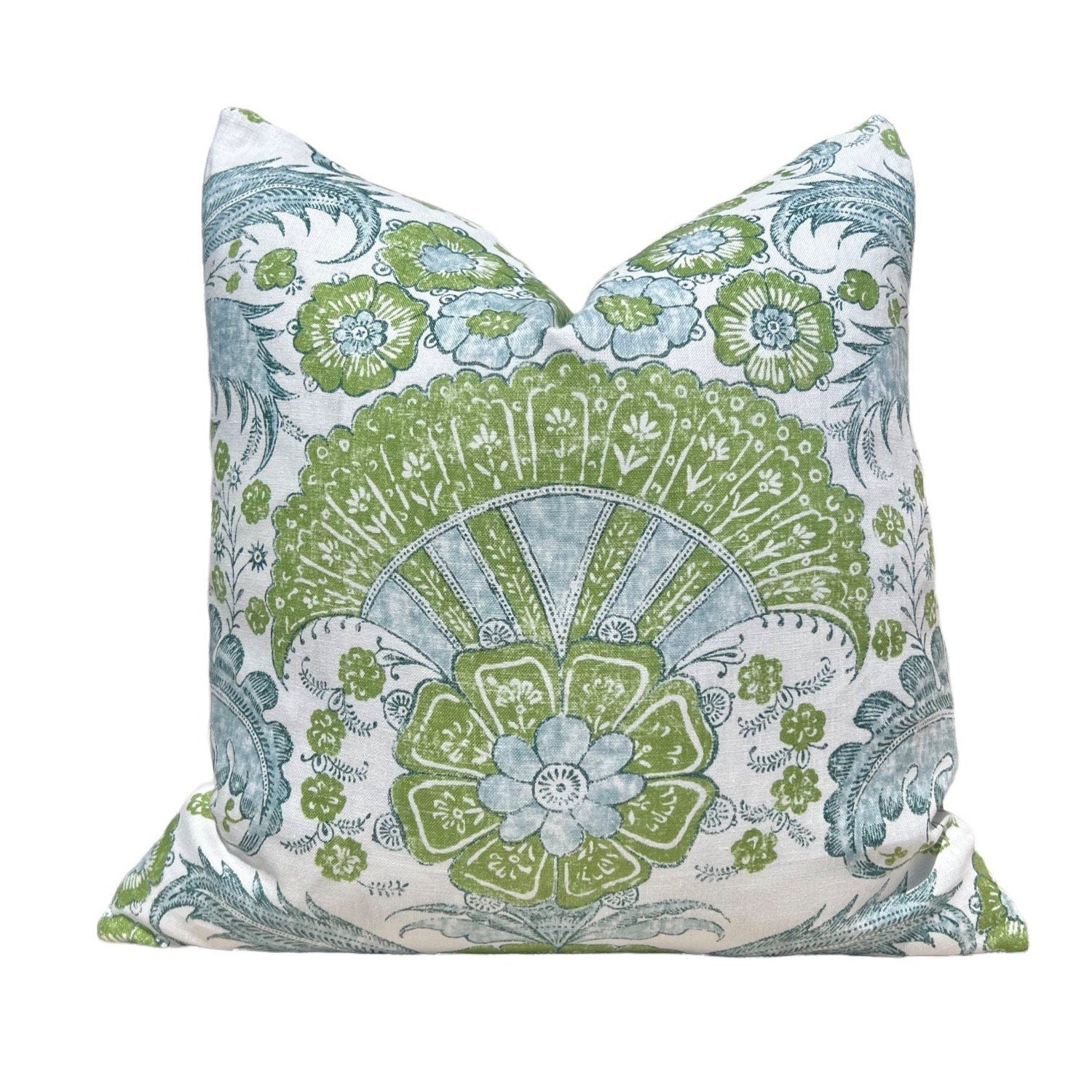 Schumacher Calicut Linen Pillow in Aqua and Green. Designer Pillows, High End Pillows, Aqua Blue Floral Pillow, Modern Floral Pillow