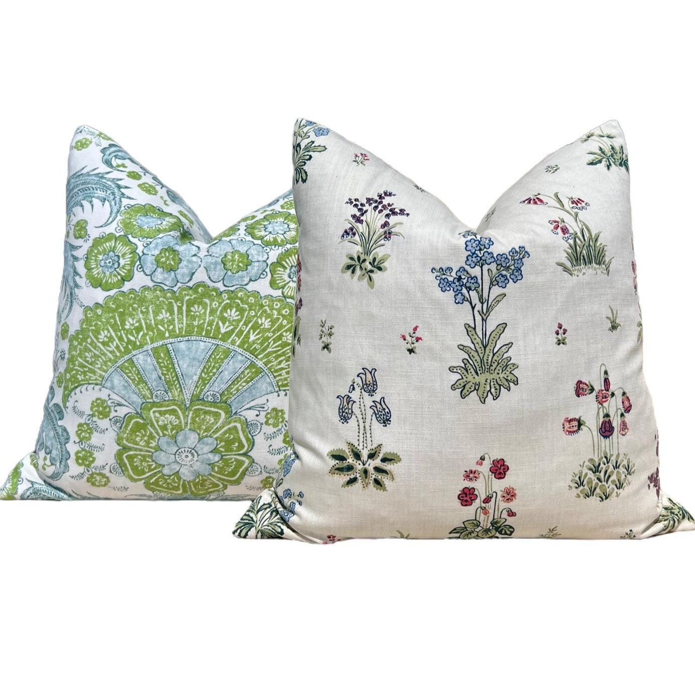 Schumacher Calicut Linen Pillow in Aqua and Green. Designer Pillows, High End Pillows, Aqua Blue Floral Pillow, Modern Floral Pillow