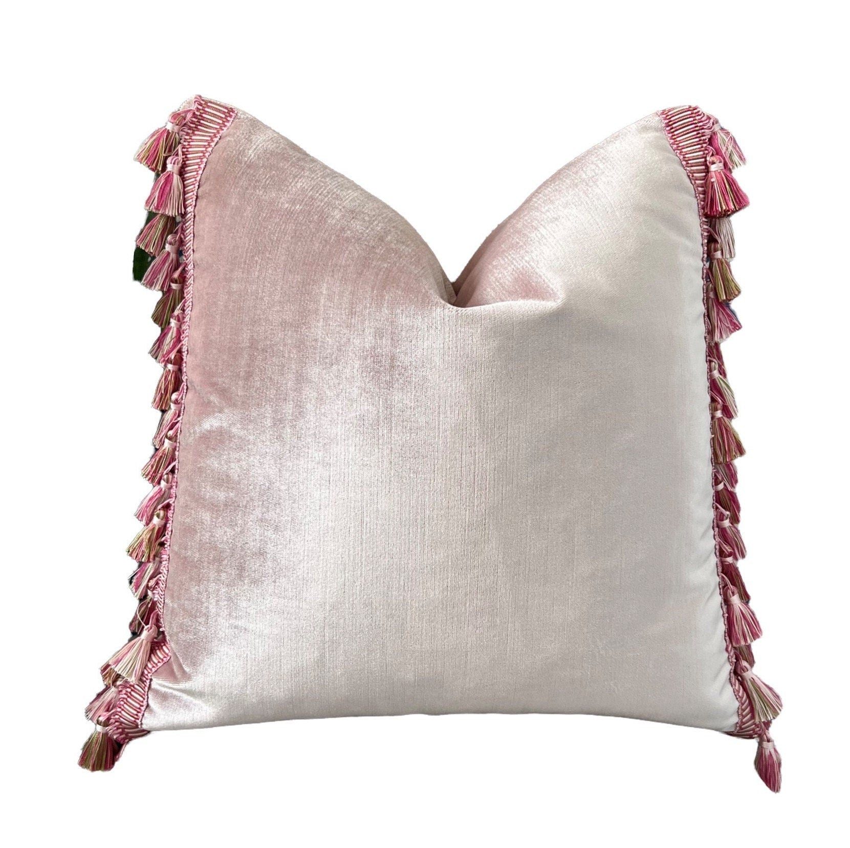 Designer Velvet Pillow in Blush with Tassel Trim. High End Pillow Cover, Modern Lumbar Velvet Pillow, Accent Throw Pillow Cover
