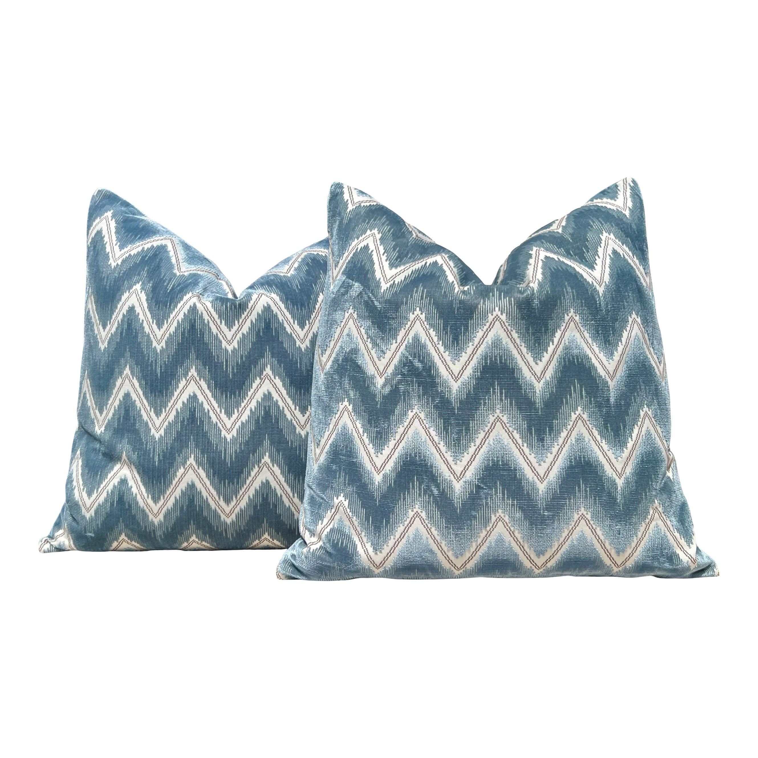 Schumacher Chevron Velvet Pillow in Mineral. Designer Velvet Pillow, Zig Zag Velvet Pillow Cover, Modern Lumbar Pillow, Contemporary Pillows