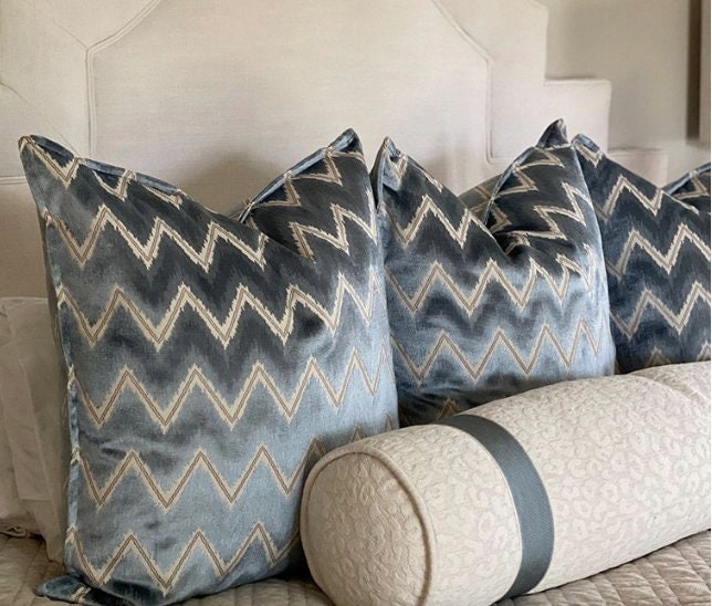 Schumacher Chevron Velvet Pillow in Mineral. Designer Velvet Pillow, Zig Zag Velvet Pillow Cover, Modern Lumbar Pillow, Contemporary Pillows