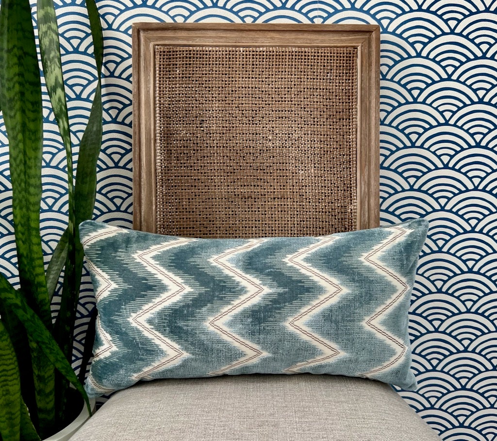 Schumacher Chevron Velvet Pillow in Mineral. Designer Velvet Pillow, Zig Zag Velvet Pillow Cover, Modern Lumbar Pillow, Contemporary Pillows