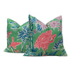 Load image into Gallery viewer, Designer Malai Garden Pillow in Green and Coral. High End Pillows, Chinoiserie Pillows, Green Lumbar Pillow Covers, Bird Print Pillows