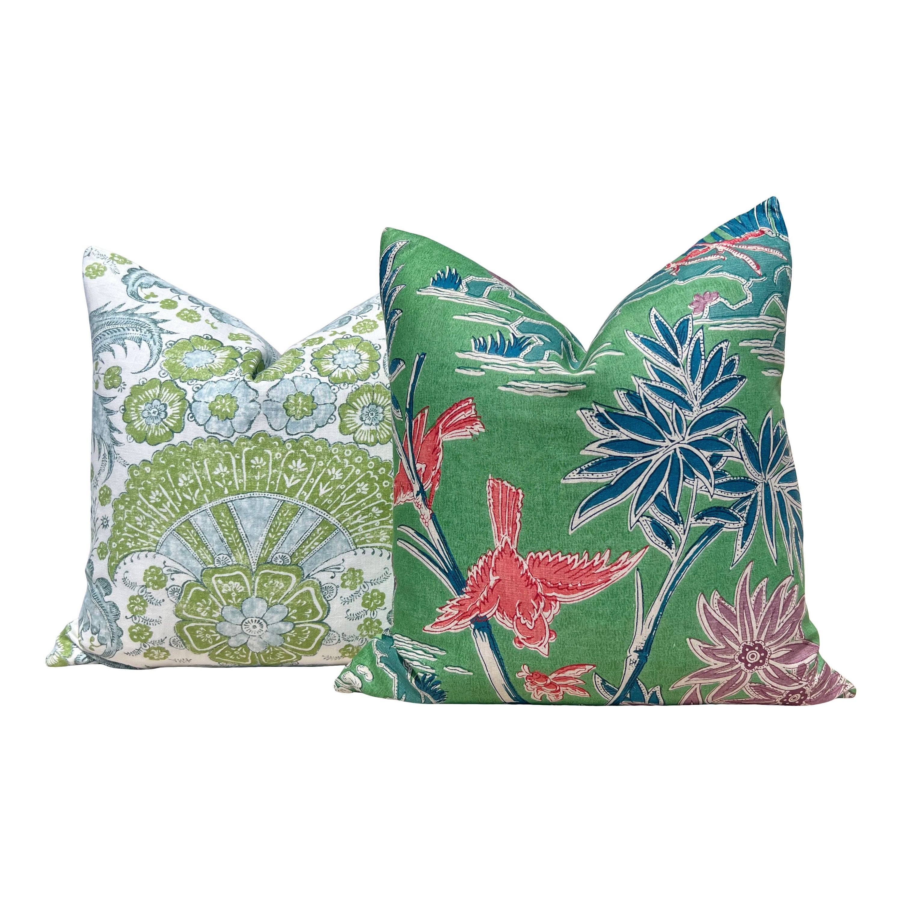 Designer Malai Garden Pillow in Green and Coral. High End Pillows, Chinoiserie Pillows, Green Lumbar Pillow Covers, Bird Print Pillows