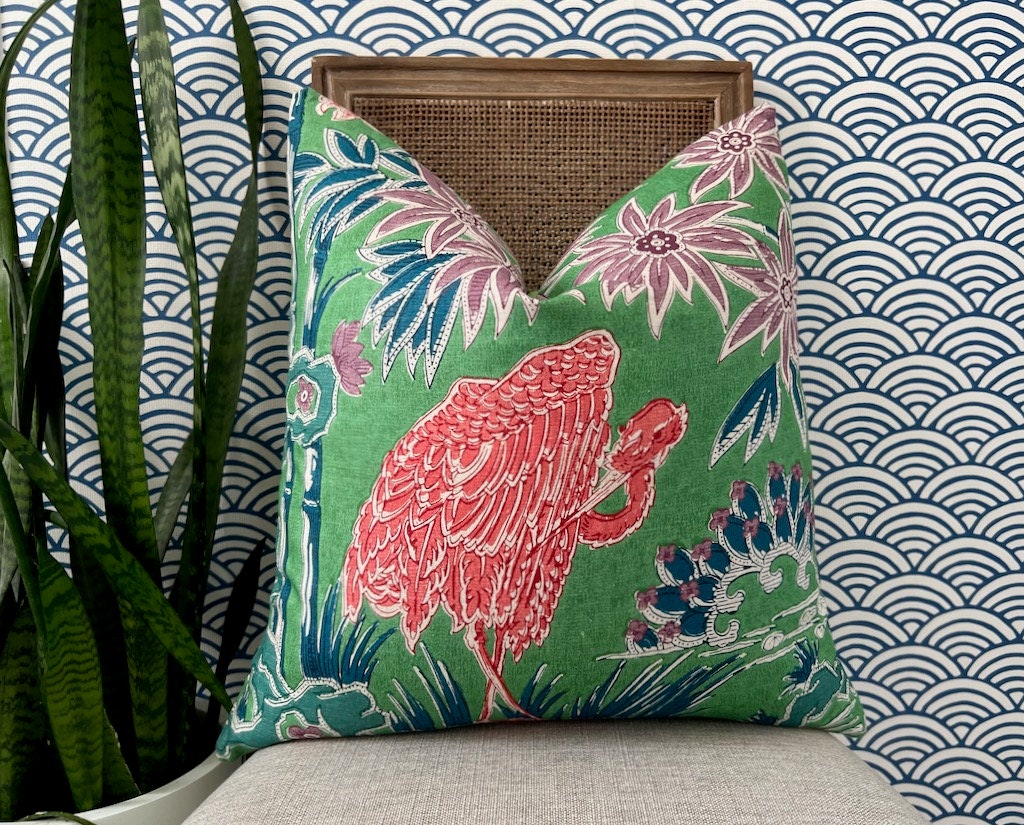 Designer Malai Garden Pillow in Green and Coral. High End Pillows, Chinoiserie Pillows, Green Lumbar Pillow Covers, Bird Print Pillows