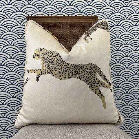 Leaping Cheetah Pillow in Cream. Designer Throw Pillow, Ivory Pillow Cover, Exotic Cat Pillow, Decorative Lumbar Pillow, Accent  Pillow