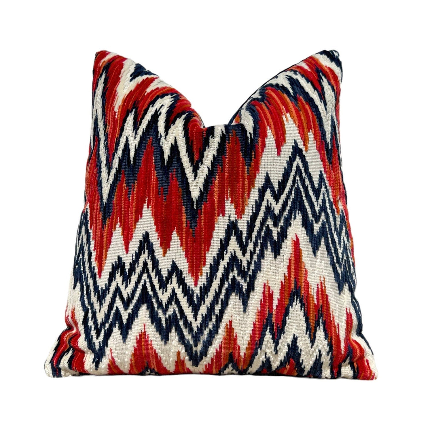 Thibaut Rhythm Velvet Pillow in Red and Navy. Designer Pillows, Zig Zag Velvet Pillow, High End Pillows, Red and Navy Geometric Pillows
