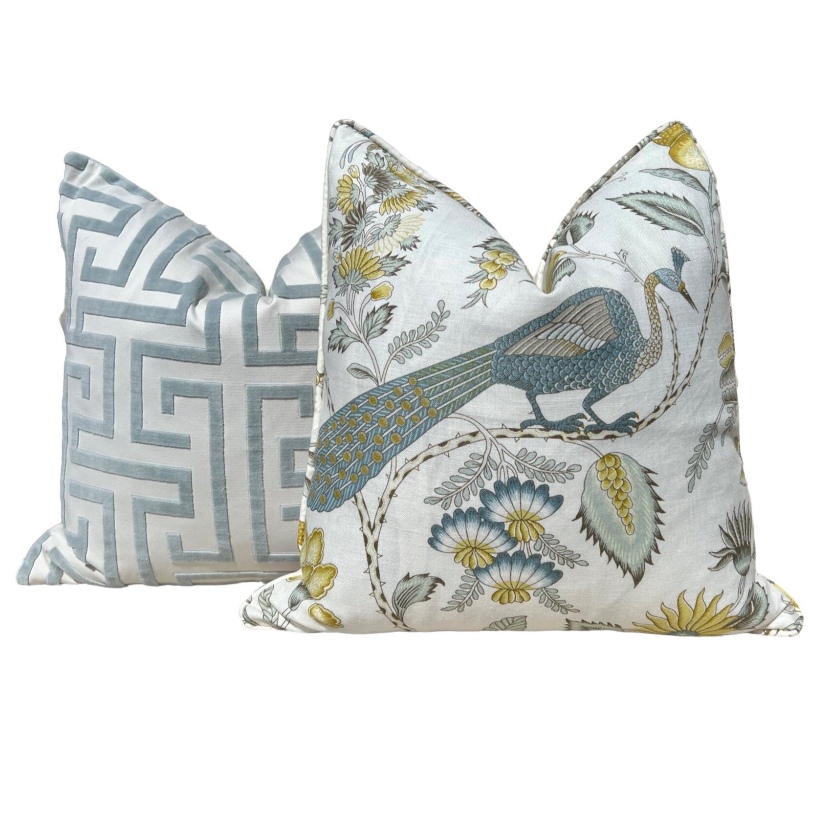Schumacher Campagne Pillow in Spa Blue. Lumbar Linen Pillow, Designer Pillows, High End Pillows, Yellow Aqua Blue Pillow Case Bird Print