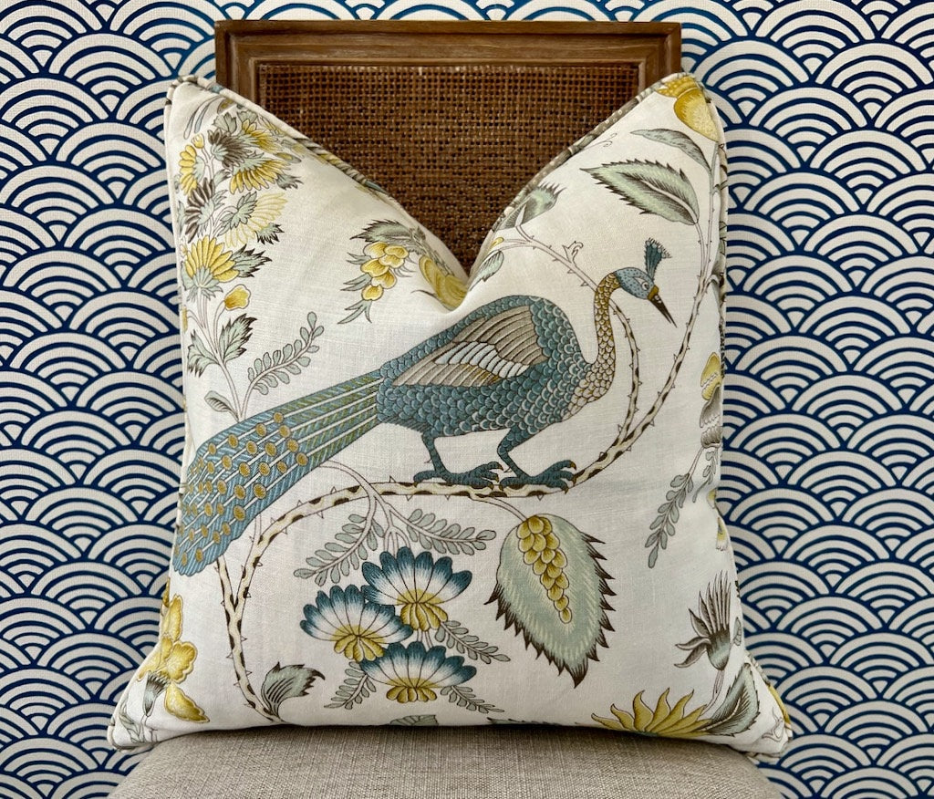 Schumacher Campagne Pillow in Spa Blue. Lumbar Linen Pillow, Designer Pillows, High End Pillows, Yellow Aqua Blue Pillow Case Bird Print