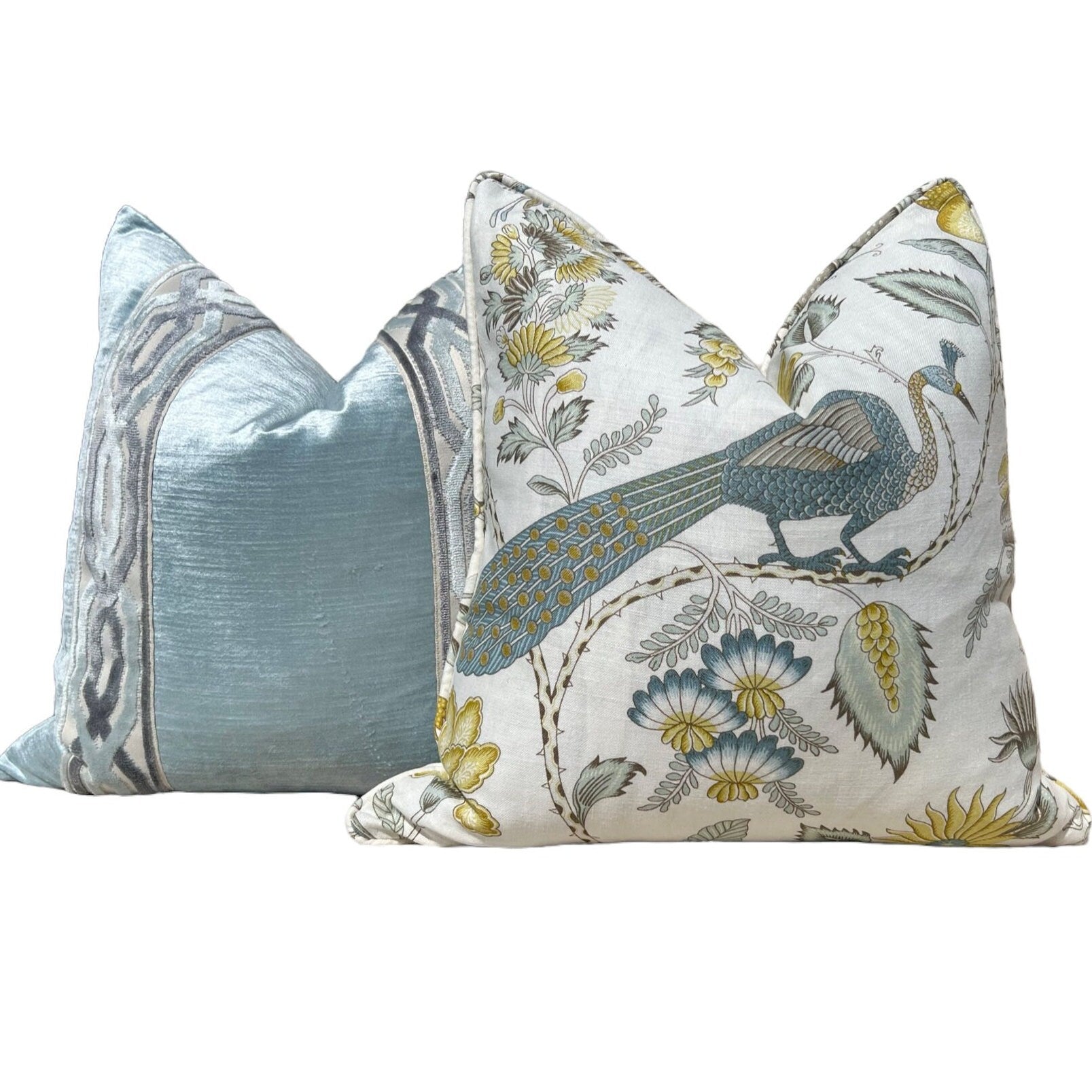 Schumacher Campagne Pillow in Spa Blue. Lumbar Linen Pillow, Designer Pillows, High End Pillows, Yellow Aqua Blue Pillow Case Bird Print