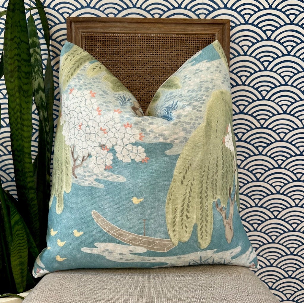 Thibaut Willow Tree Pillow in Turquoise. Designer Pillows, High End Pillows, Floral Turquoise and Green Lumbar Pillow, Euro Sham,