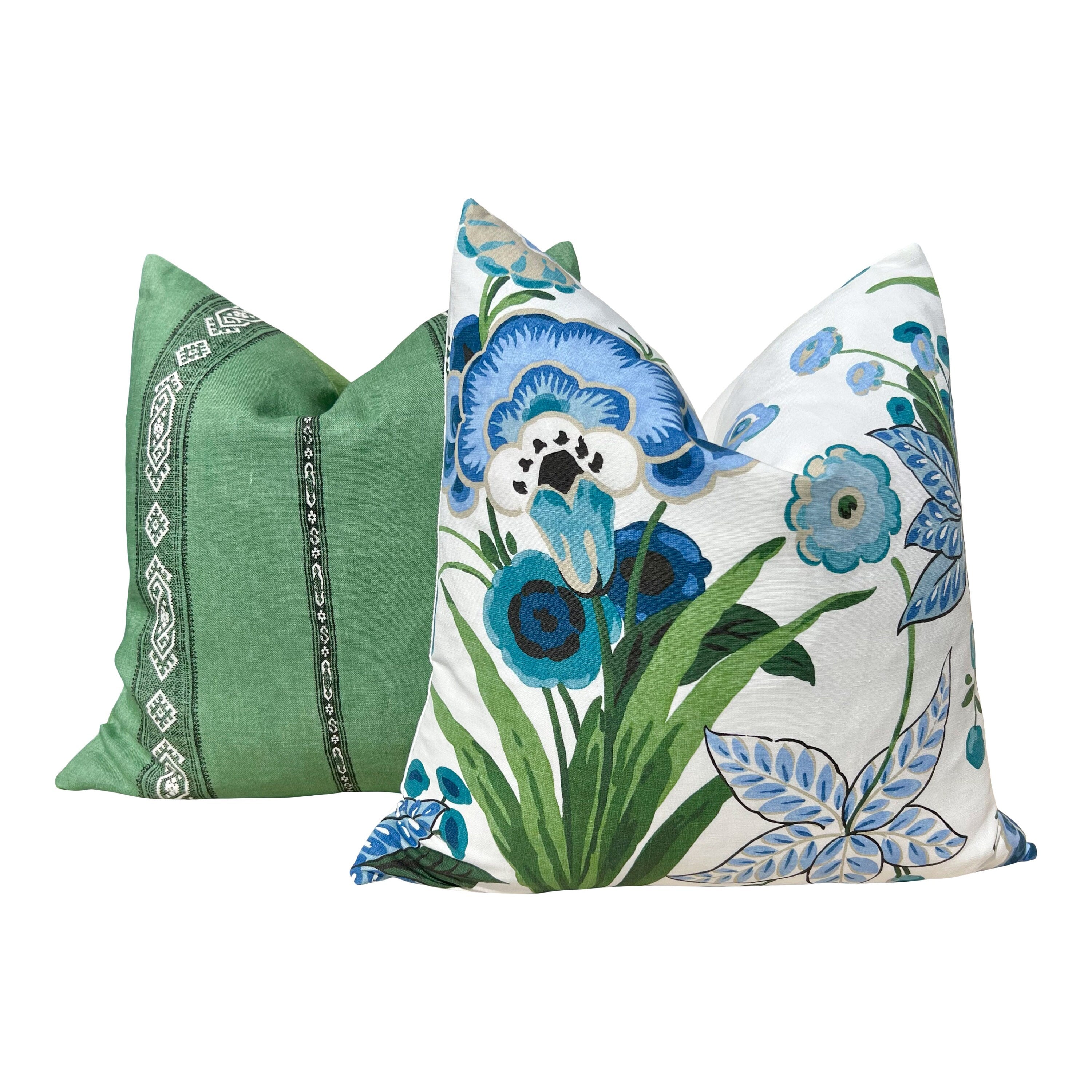 Floral Pasadena Pillow in Blue and Green. Decorative Accent Cushion Cover, Euro Sham Floral for Bed Sofa, Lumbar Pillow, Designer Pillows