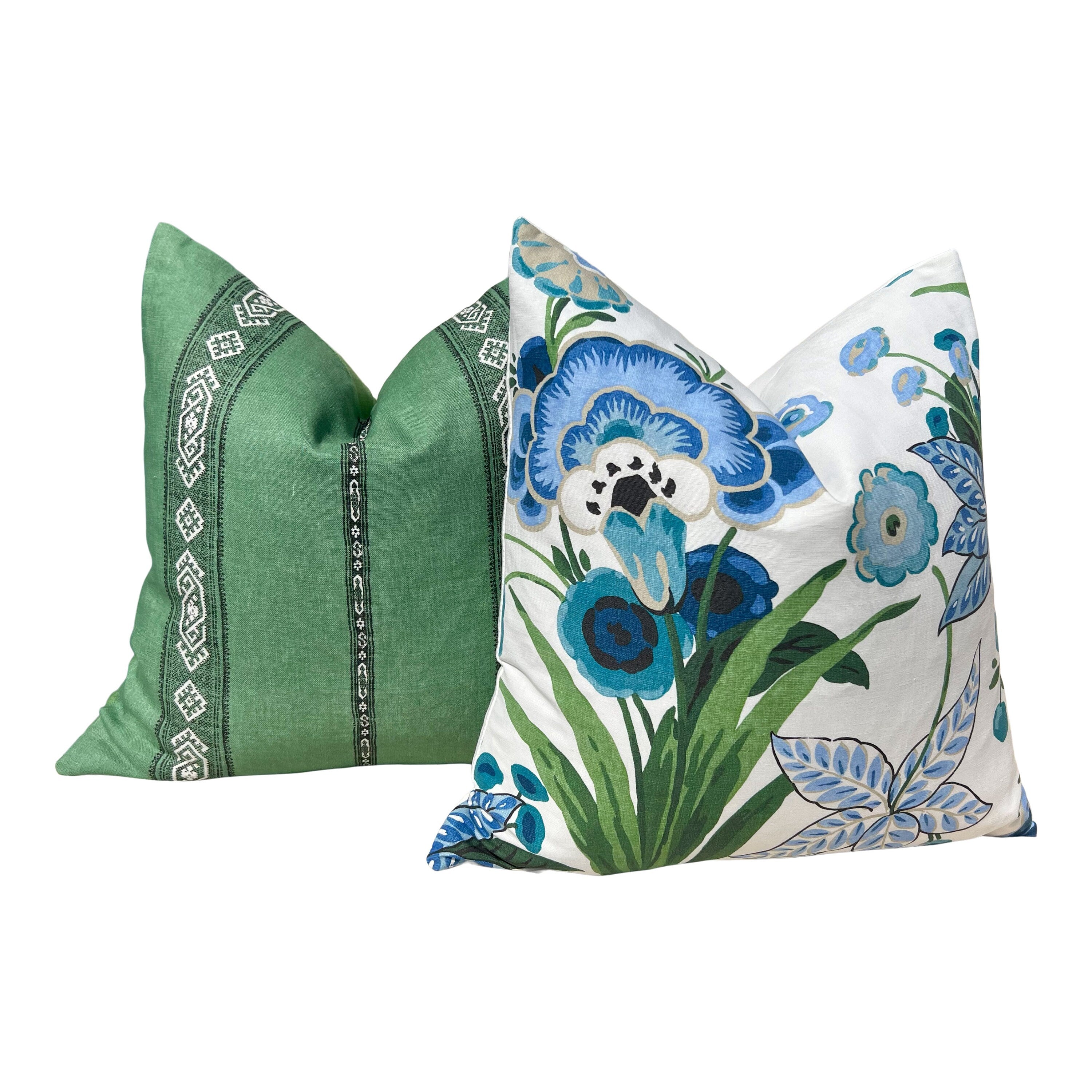 Floral Pasadena Pillow in Blue and Green. Decorative Accent Cushion Cover, Euro Sham Floral for Bed Sofa, Lumbar Pillow, Designer Pillows