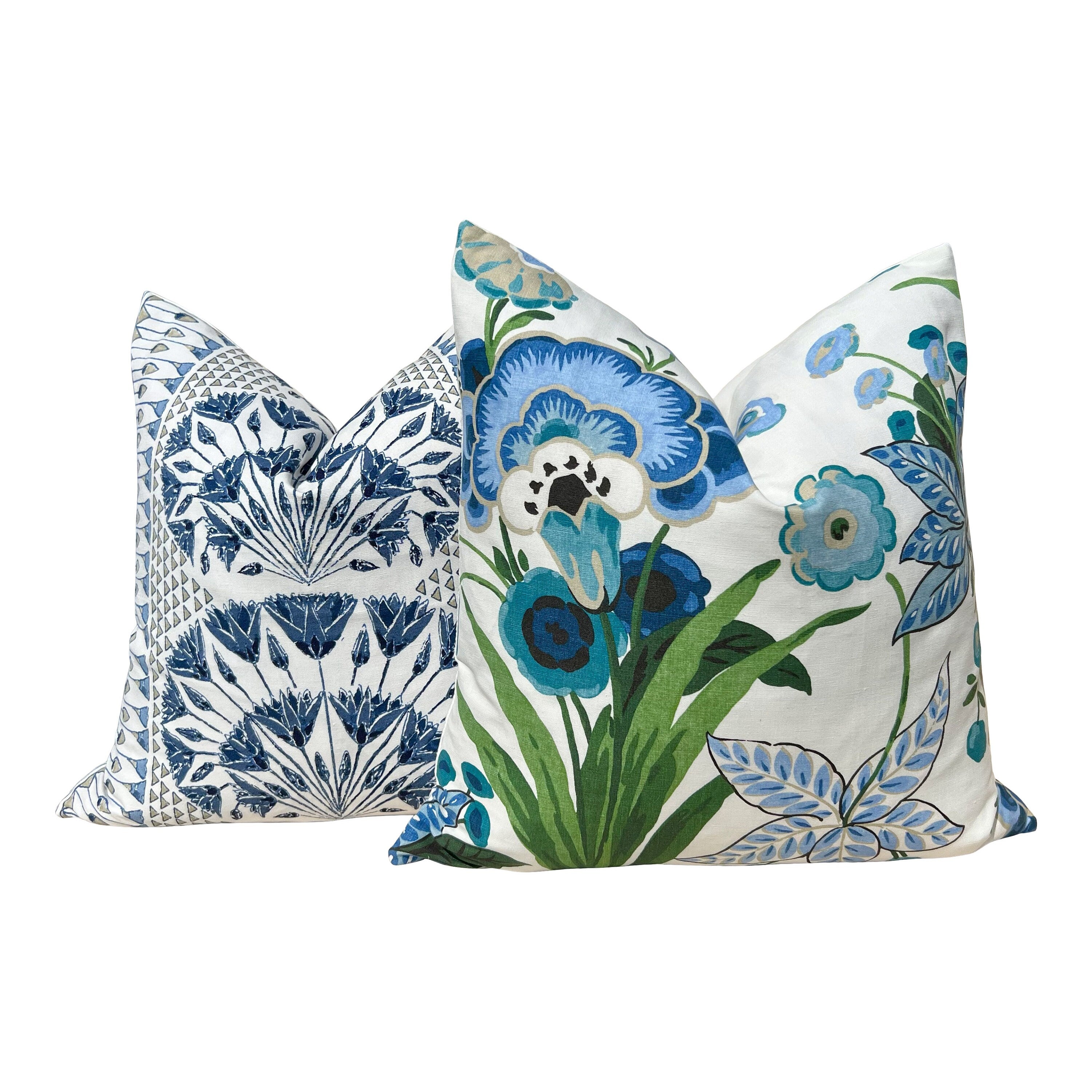Floral Pasadena Pillow in Blue and Green. Decorative Accent Cushion Cover, Euro Sham Floral for Bed Sofa, Lumbar Pillow, Designer Pillows