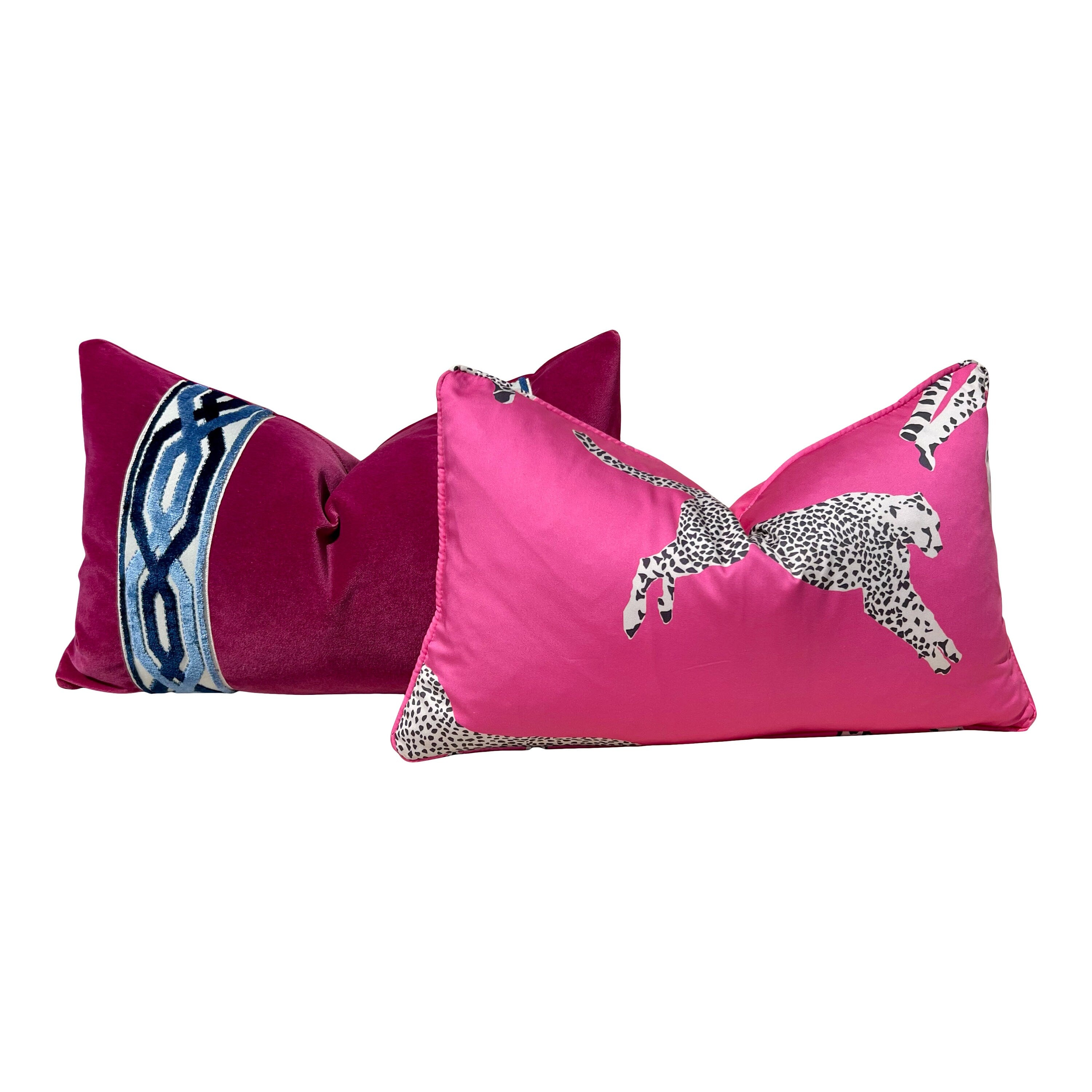 Designer Velvet Pillow in Fuchsia with trim. Designer Velvet Pillows, Accent Velvet Pillow, Lumbar Fuchsia Pillows, Extra long Lumbar.