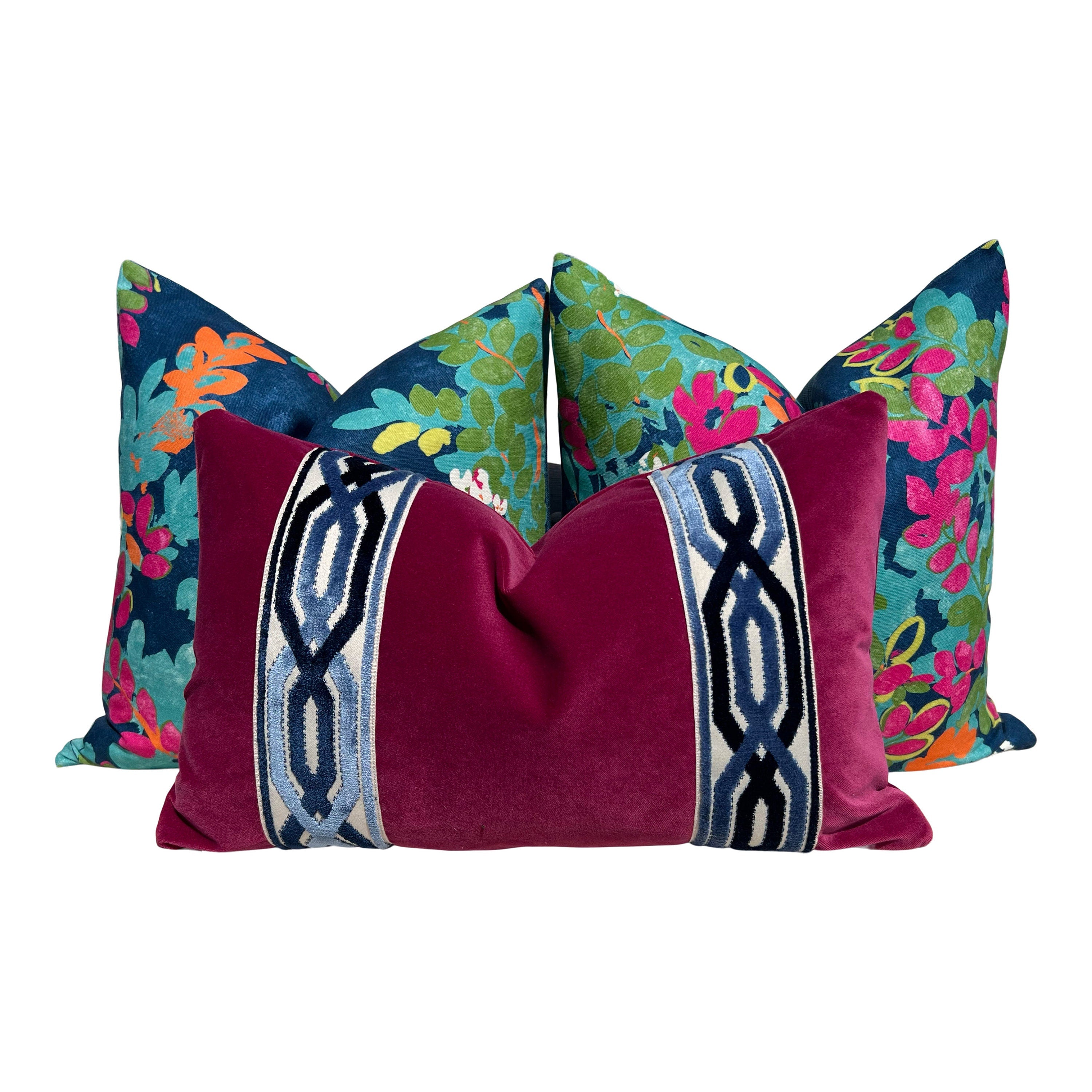 Thibaut Central Park Pillow in Navy and Fuchsia. Designer Pillow Cover, Accent lumbar pillow, High End Floral Pillow, Euro Sham Floral Case