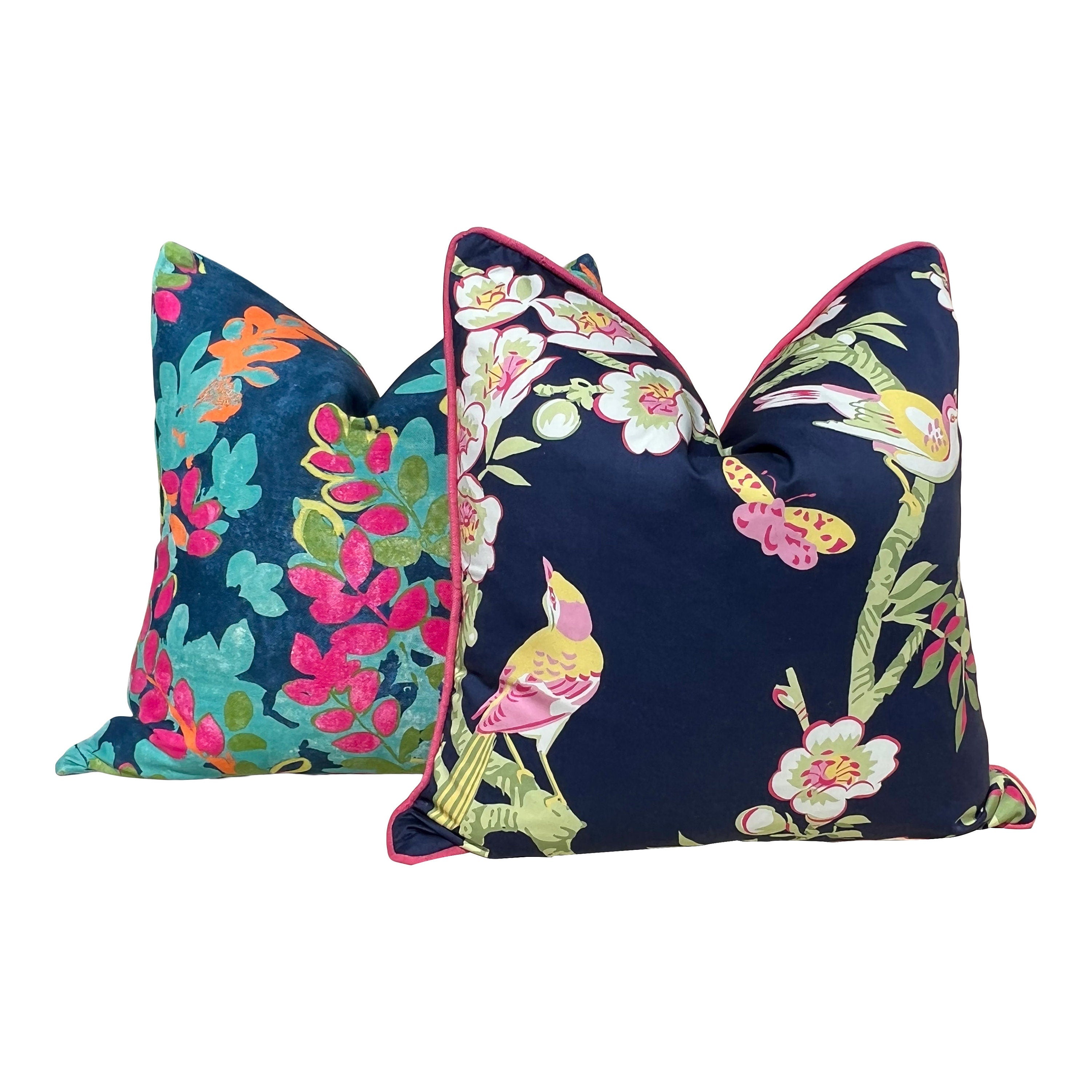 Thibaut Central Park Pillow in Navy and Fuchsia. Designer Pillow Cover, Accent lumbar pillow, High End Floral Pillow, Euro Sham Floral Case