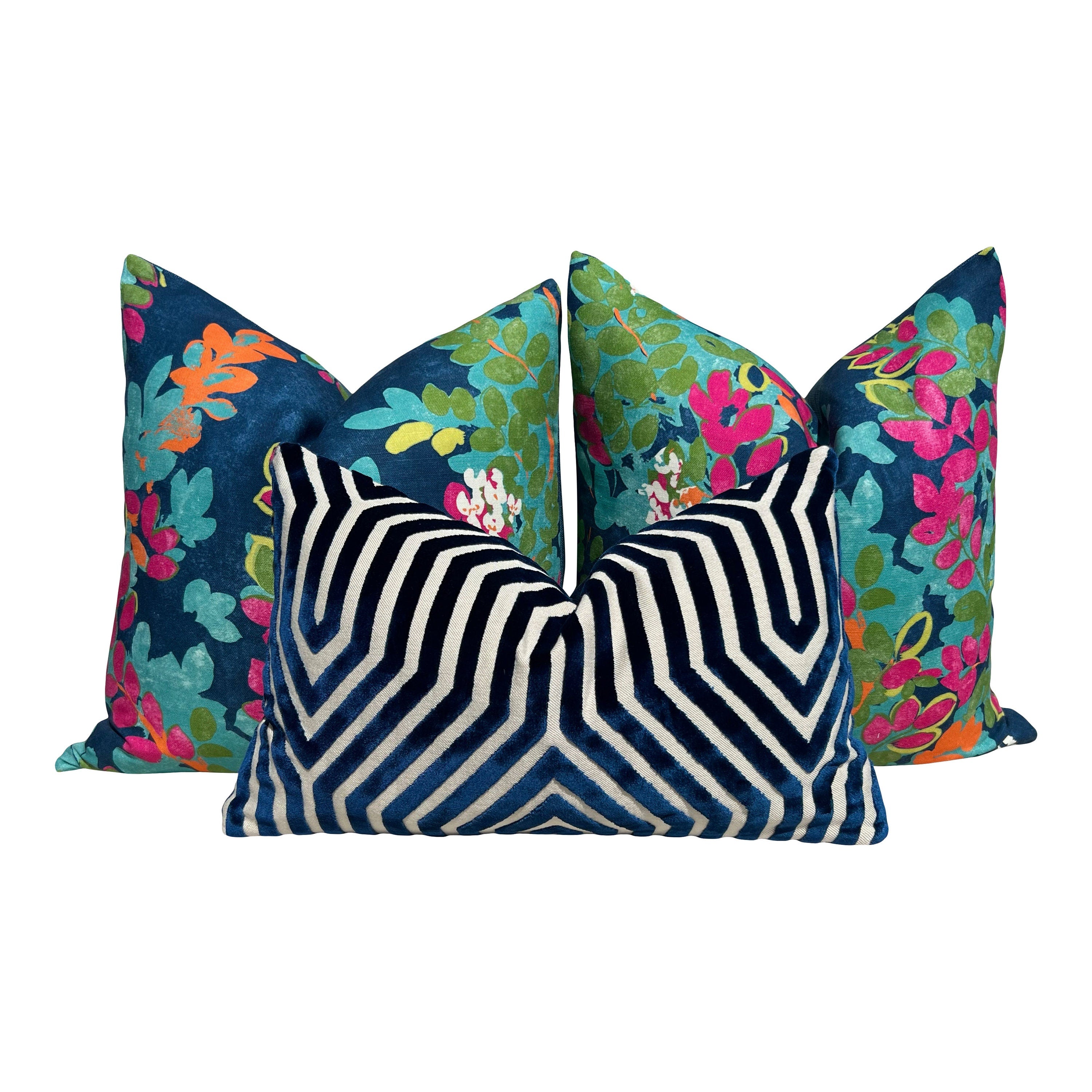 Thibaut Central Park Pillow in Navy and Fuchsia. Designer Pillow Cover, Accent lumbar pillow, High End Floral Pillow, Euro Sham Floral Case