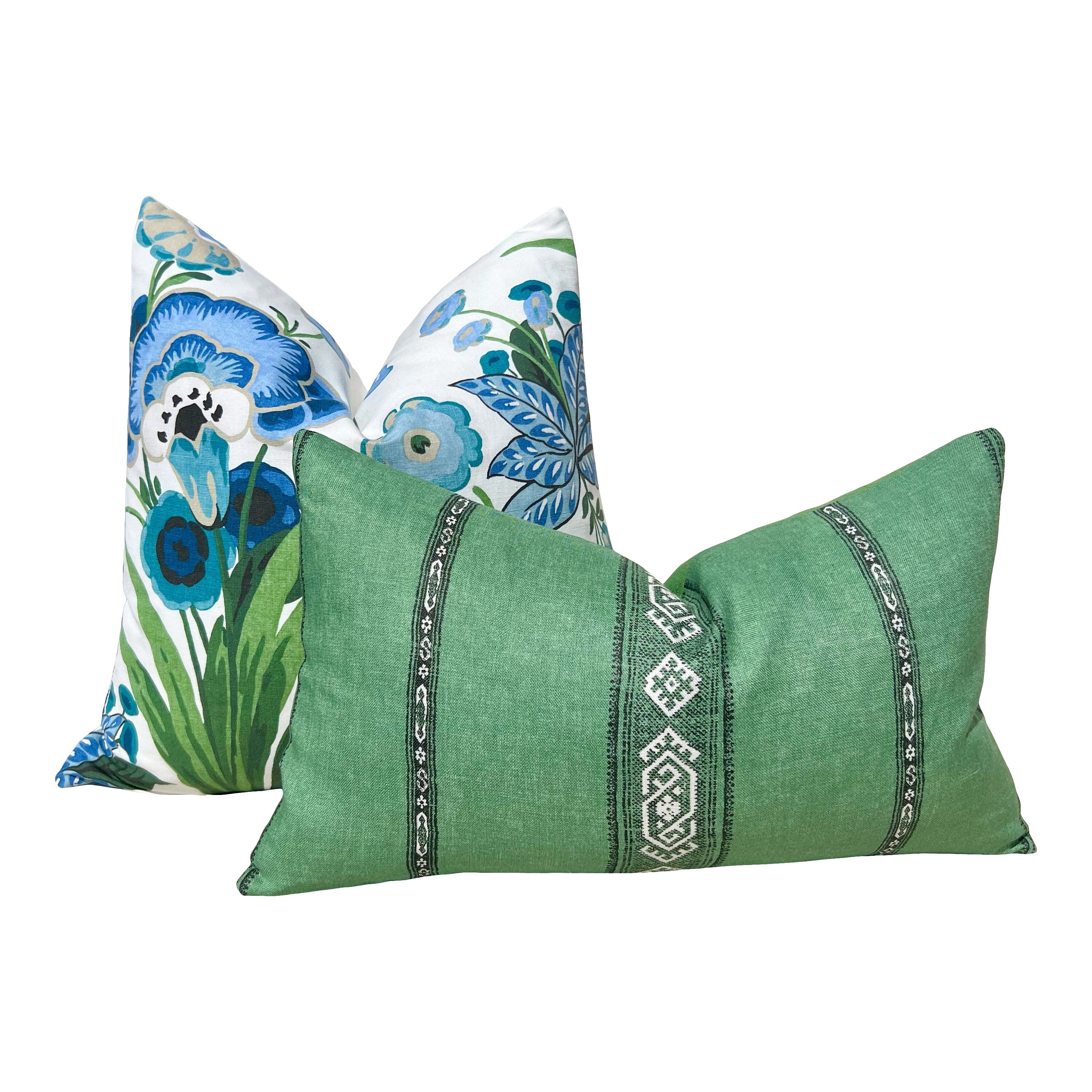 Floral Pasadena Pillow in Blue and Green. Decorative Accent Cushion Cover, Euro Sham Floral for Bed Sofa, Lumbar Pillow, Designer Pillows
