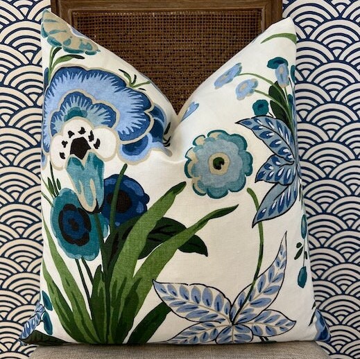 Floral Pasadena Pillow in Blue and Green. Decorative Accent Cushion Cover, Euro Sham Floral for Bed Sofa, Lumbar Pillow, Designer Pillows