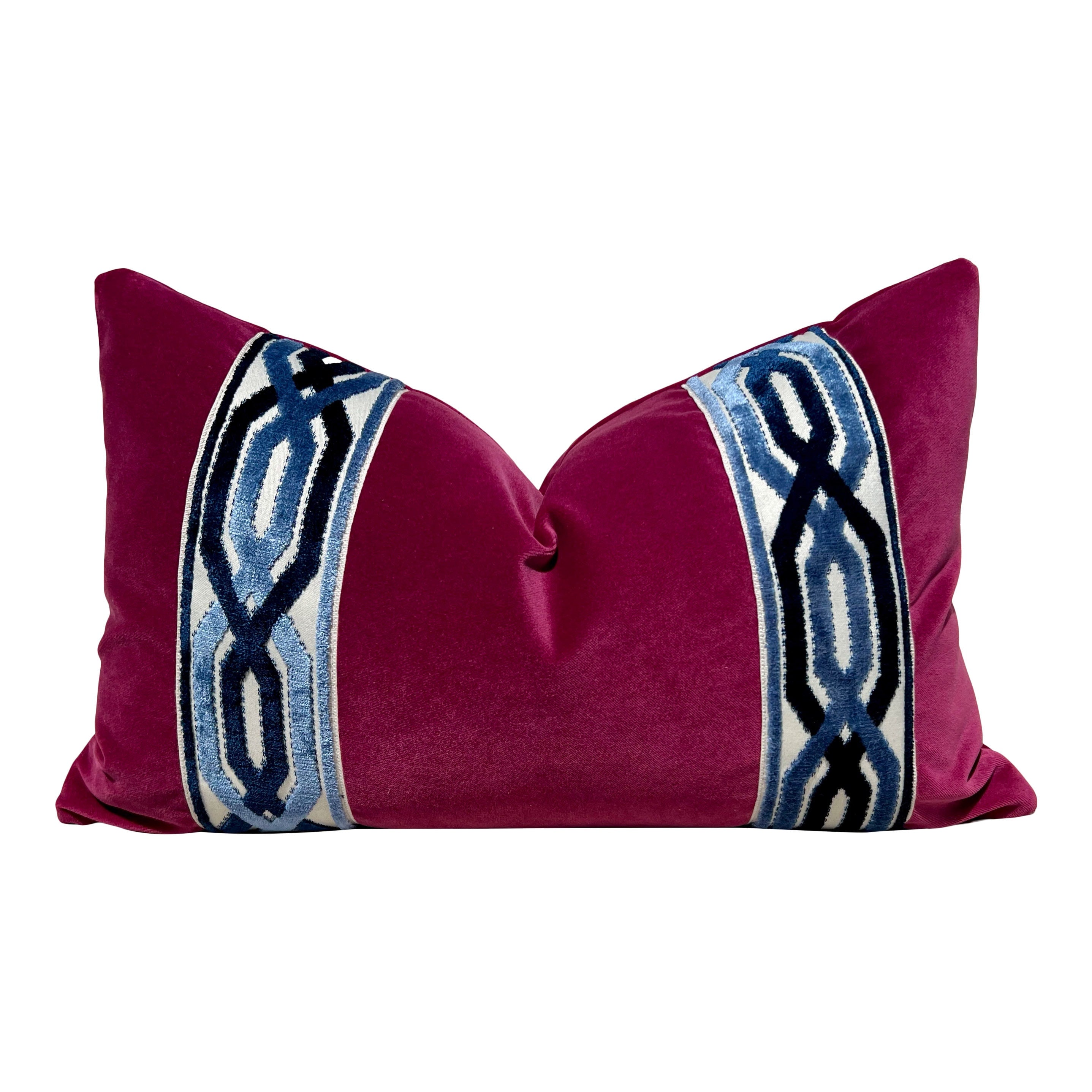 Designer Velvet Pillow in Fuchsia with trim. Designer Velvet Pillows, Accent Velvet Pillow, Lumbar Fuchsia Pillows, Extra long Lumbar.