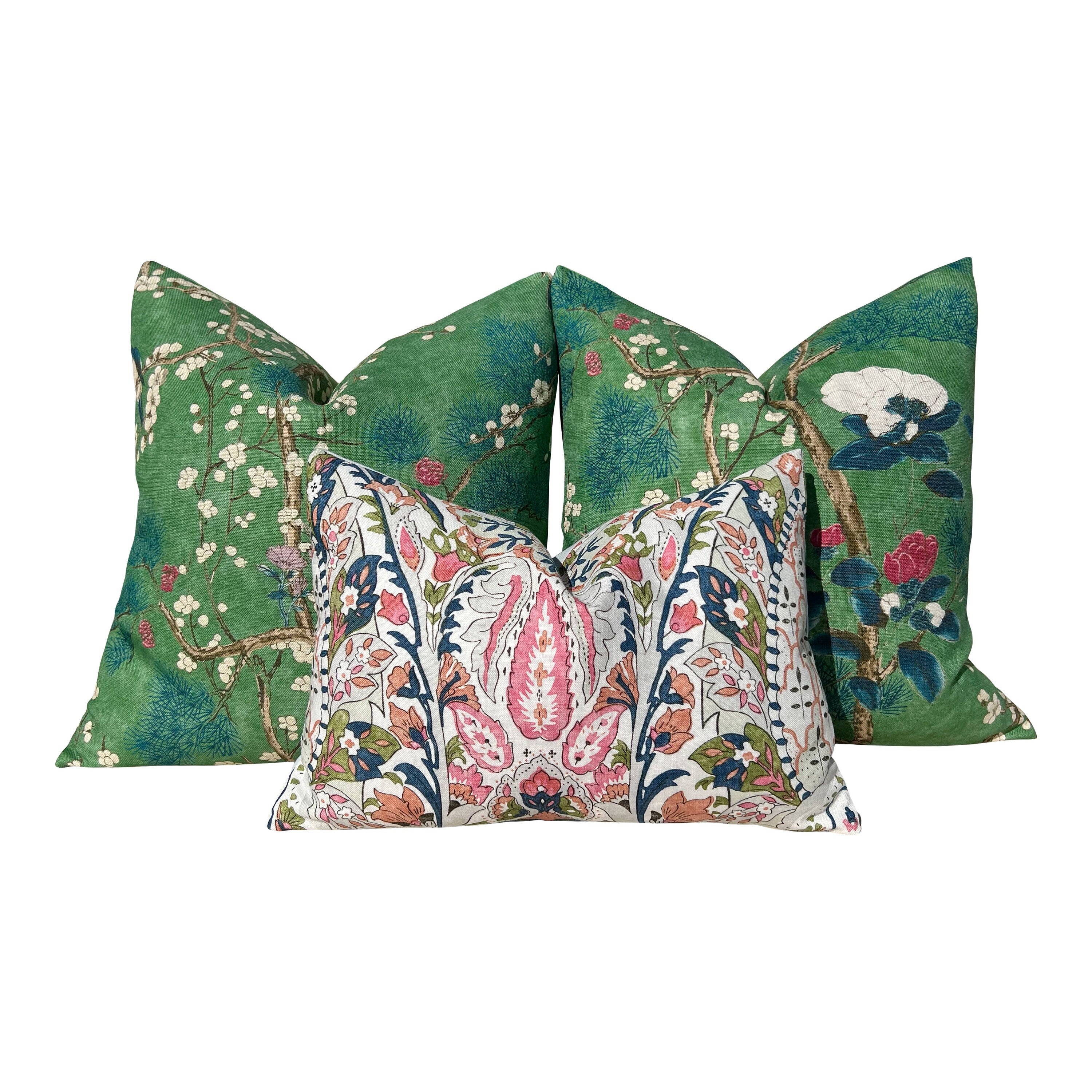 Katsura Pillow in Emerald Green. Designer Pillows, High End Floral Pillow Case, Euro Sham Cover, Accent Lumbar Pillows, Chinoiserie Pillows