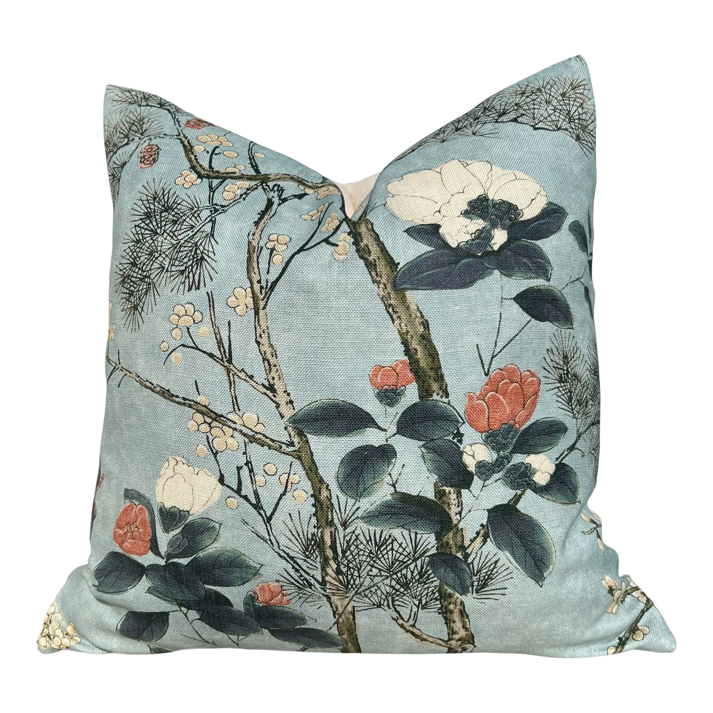Katsura Pillow in Mist. Designer Aqua Pillows, High End Floral Pillow Case, Euro Sham Cover, Decorative Lumbar Pillows, Bedroom Floral Decor