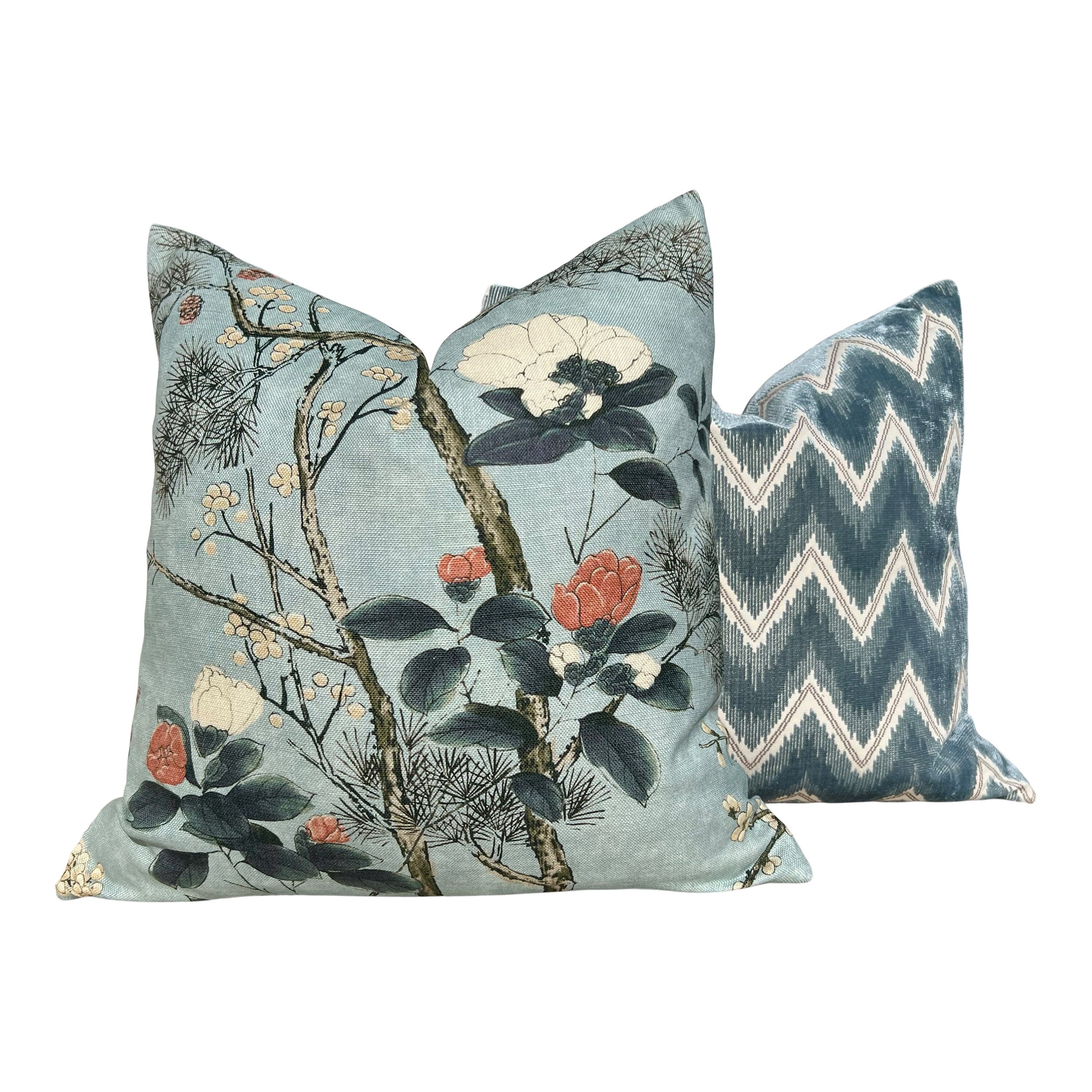 Katsura Pillow in Mist. Designer Aqua Pillows, High End Floral Pillow Case, Euro Sham Cover, Decorative Lumbar Pillows, Bedroom Floral Decor
