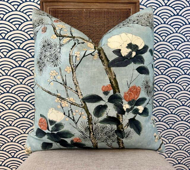 Katsura Pillow in Mist. Designer Aqua Pillows, High End Floral Pillow Case, Euro Sham Cover, Decorative Lumbar Pillows, Bedroom Floral Decor