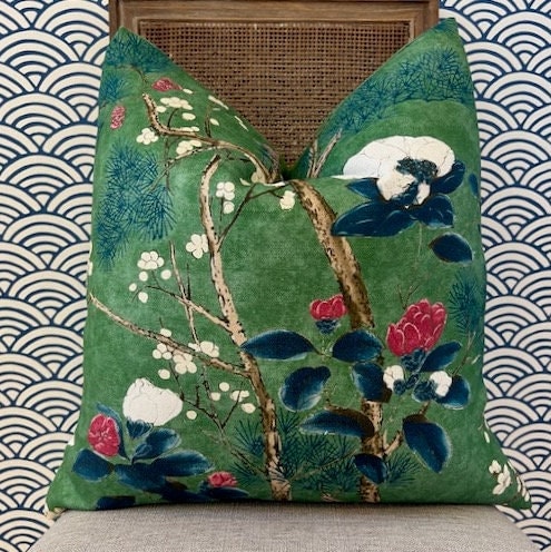 Katsura Pillow in Emerald Green. Designer Pillows, High End Floral Pillow Case, Euro Sham Cover, Accent Lumbar Pillows, Chinoiserie Pillows