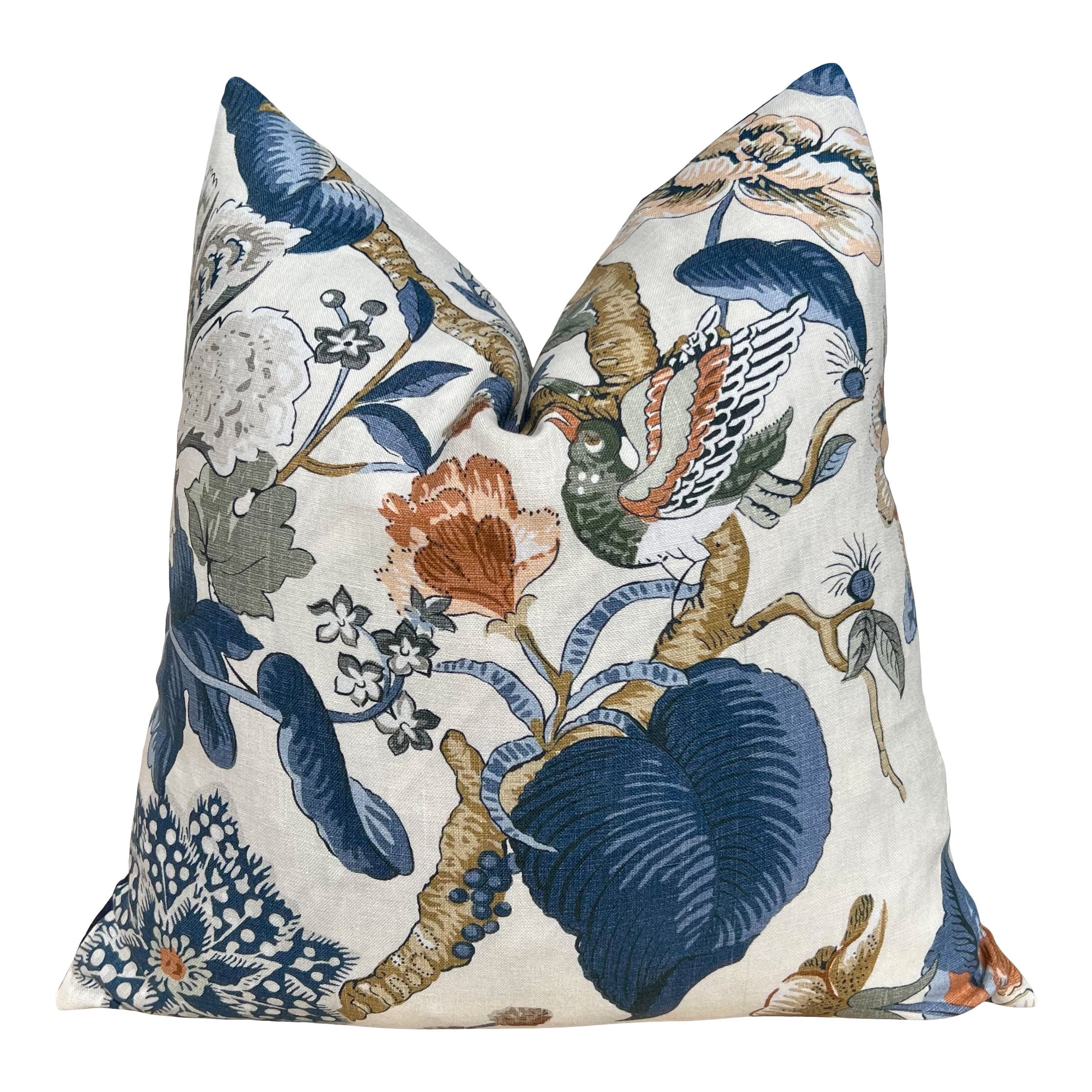 Hill Garden Linen Pillow in Brick and Navy. Designer Pillows, High End Pillows, Blue Floral Pillows, Bird Pillow Cover, Floral Bedroom Decor