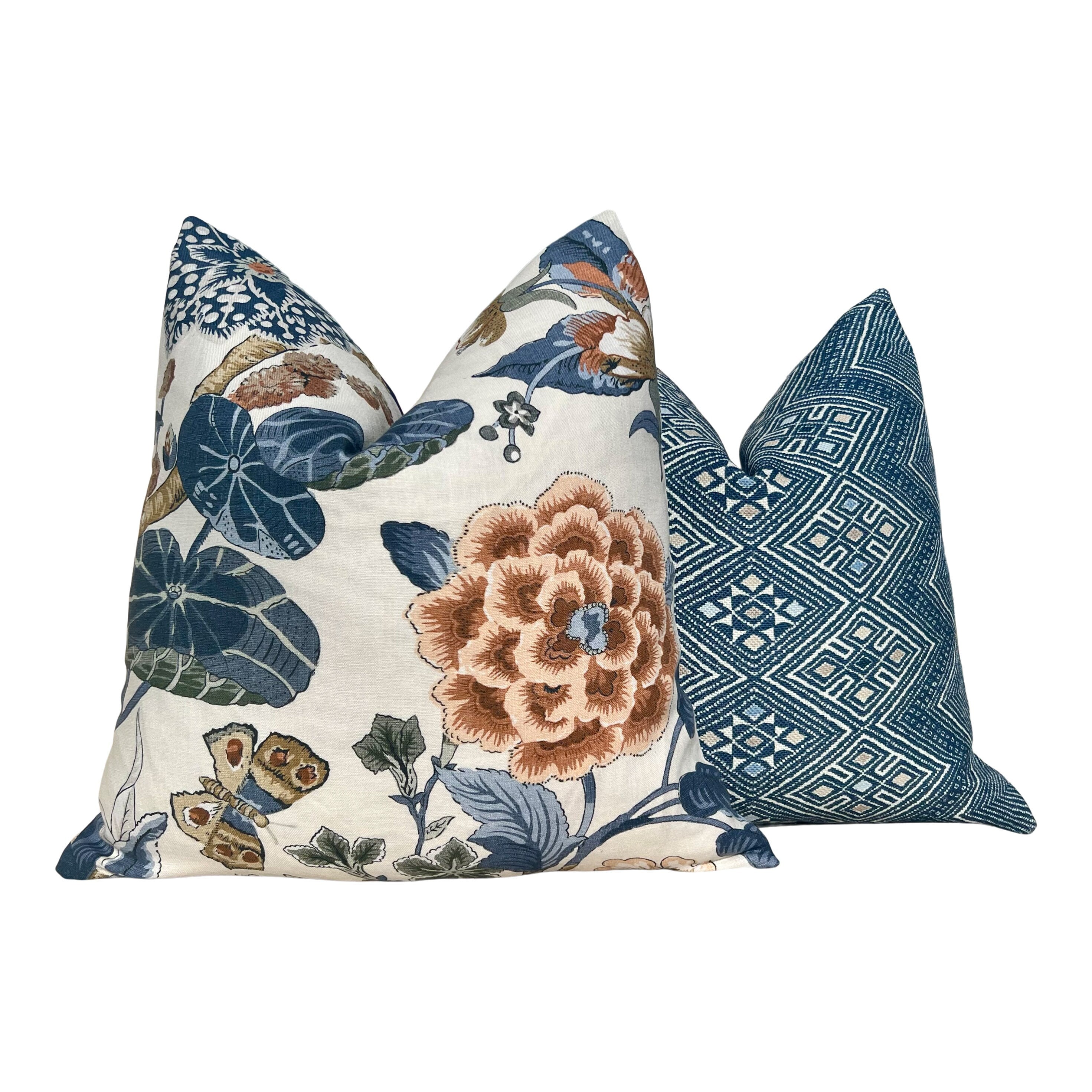 Hill Garden Linen Pillow in Brick and Navy. Designer Pillows, High End Pillows, Blue Floral Pillows, Bird Pillow Cover, Floral Bedroom Decor