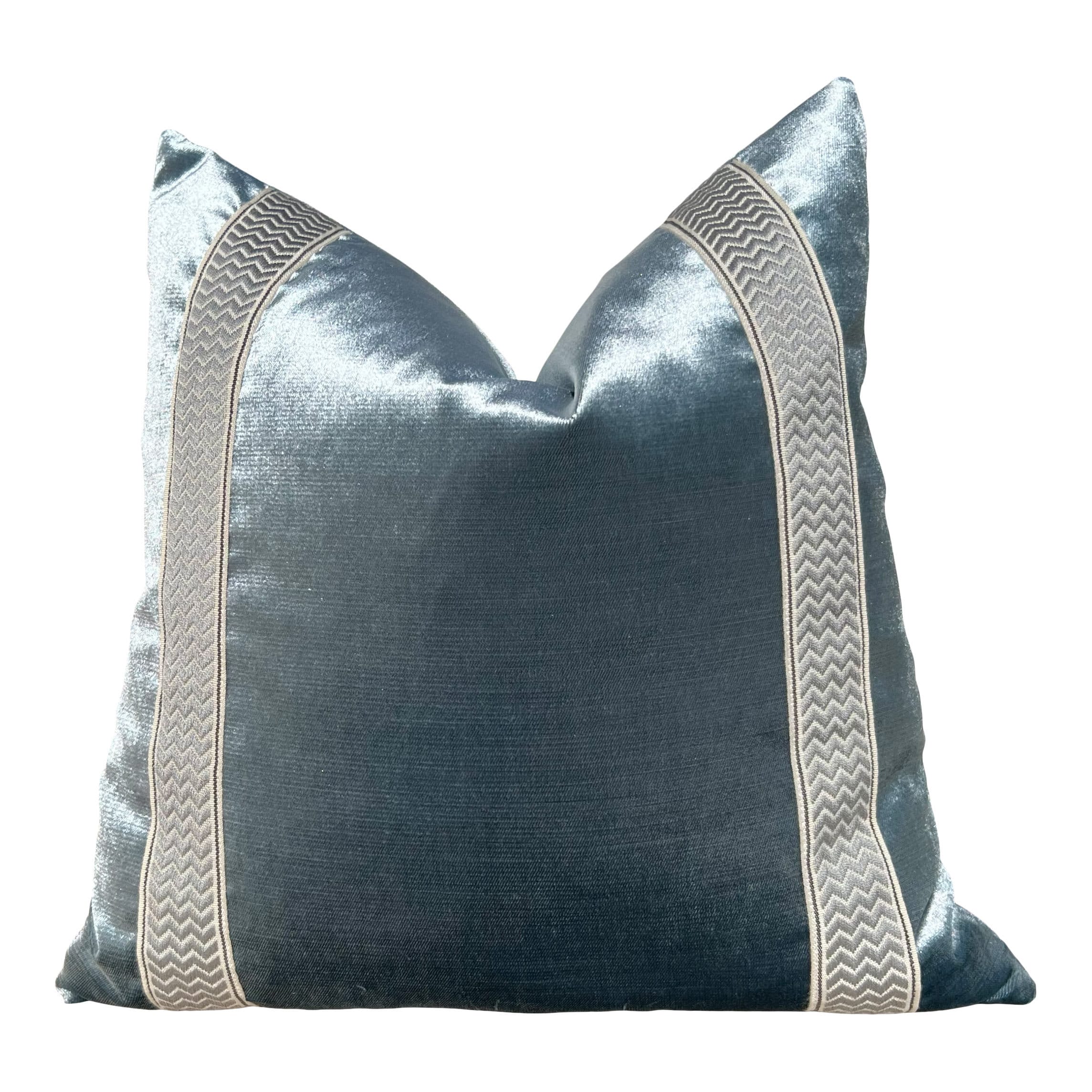 Designer Velvet Pillow in Luminous Aqua, Chevron Trim. High End Pillows, Velvet Lumbar Pillow Cover, Accent Velvet Pillow, Lumbar Velvet