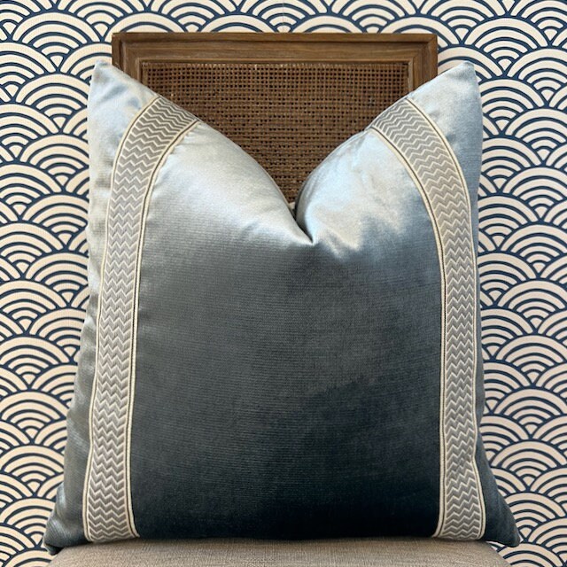 Designer Velvet Pillow in Luminous Aqua, Chevron Trim. High End Pillows, Velvet Lumbar Pillow Cover, Accent Velvet Pillow, Lumbar Velvet