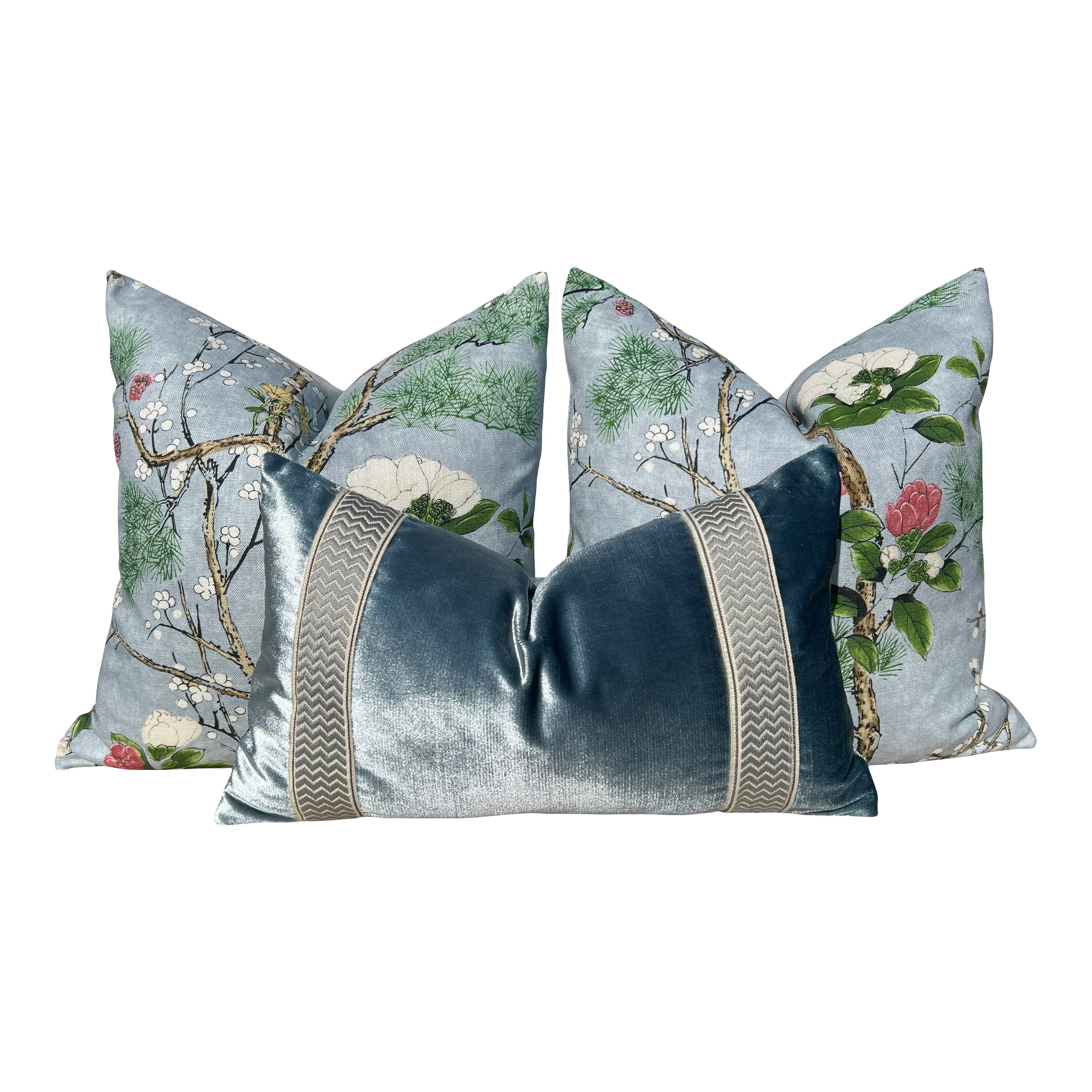 Katsura Pillow in Sky Blue. Designer Chinoiserie Pillow, Light Blue and Green Pillows, Euro Sham Cover, Blue and Green Floral Lumbar Pillows