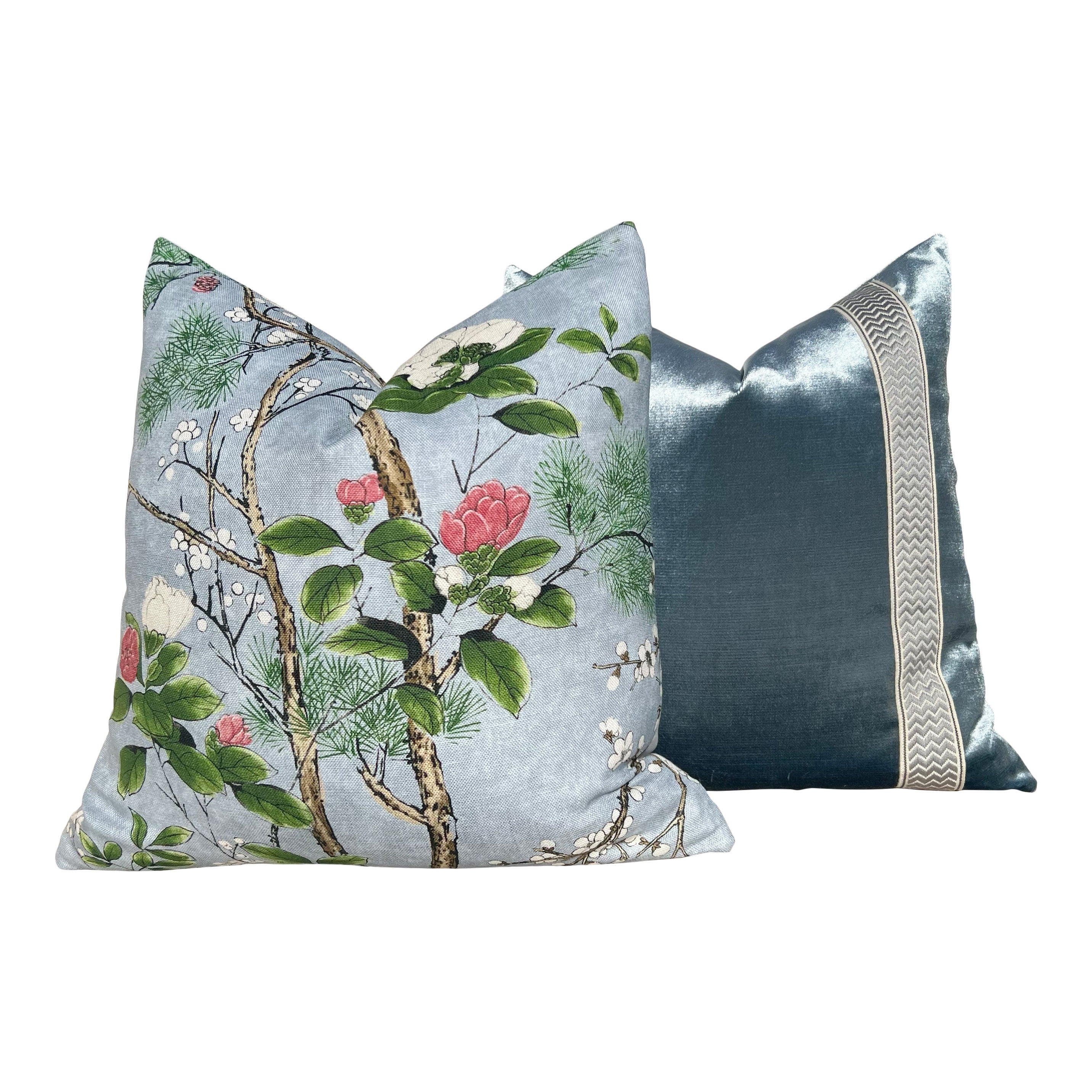 Katsura Pillow in Sky Blue. Designer Chinoiserie Pillow, Light Blue and Green Pillows, Euro Sham Cover, Blue and Green Floral Lumbar Pillows