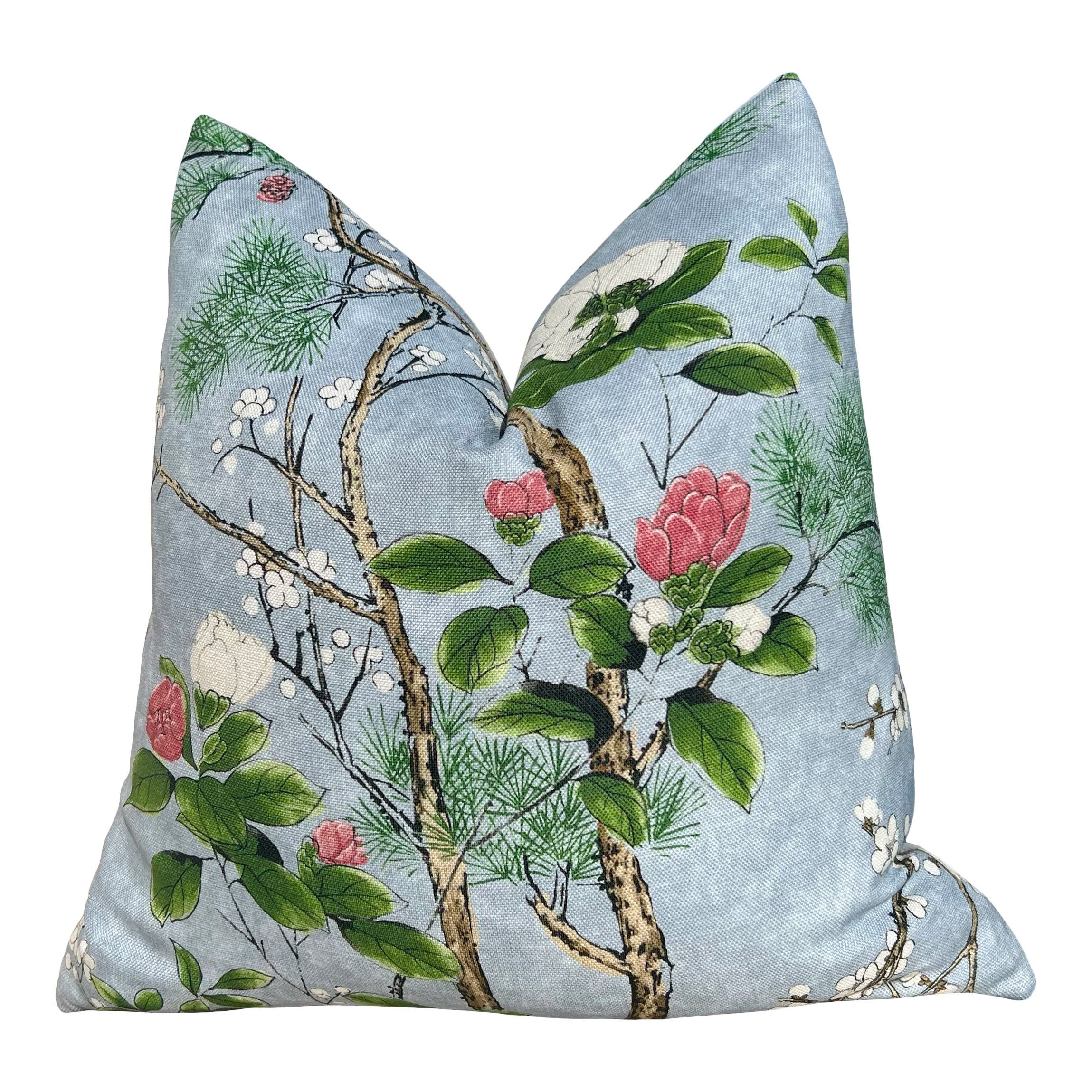Katsura Pillow in Sky Blue. Designer Chinoiserie Pillow, Light Blue and Green Pillows, Euro Sham Cover, Blue and Green Floral Lumbar Pillows