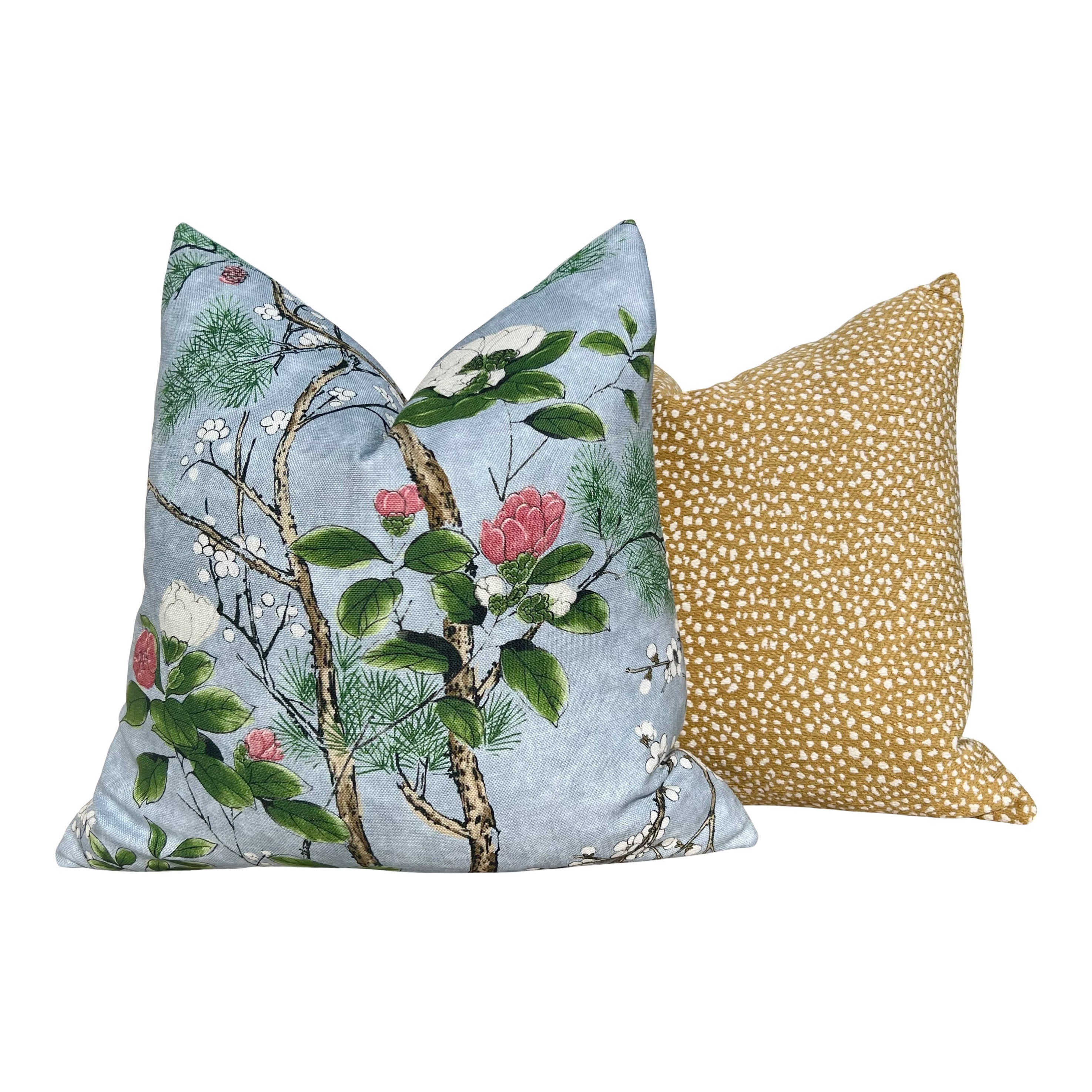 Katsura Pillow in Sky Blue. Designer Chinoiserie Pillow, Light Blue and Green Pillows, Euro Sham Cover, Blue and Green Floral Lumbar Pillows