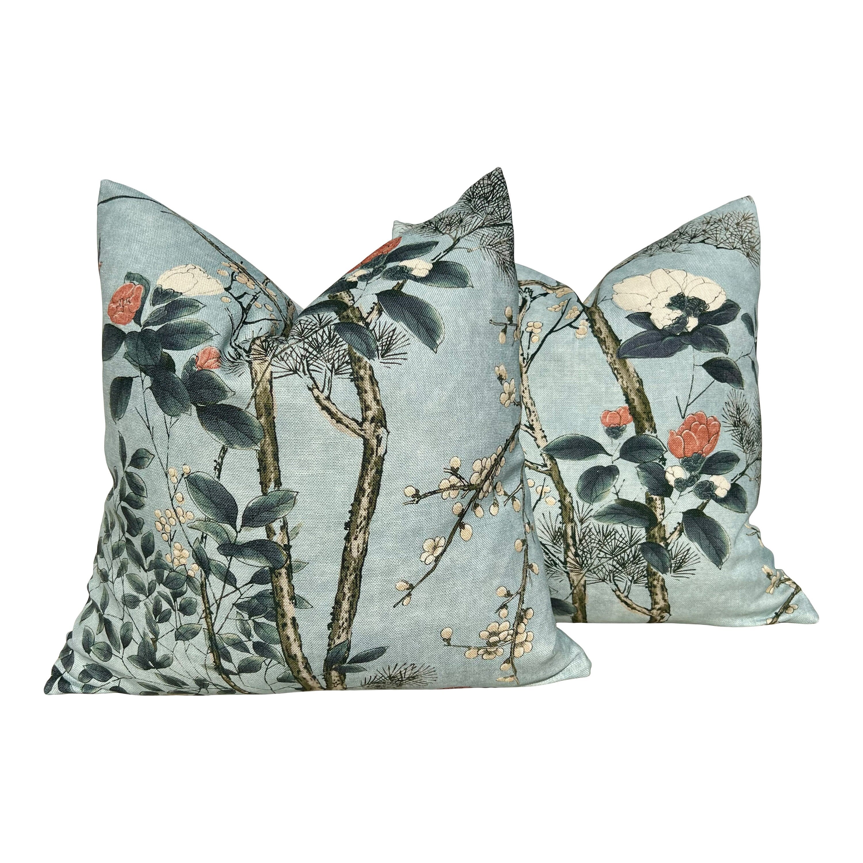 Katsura Pillow in Mist. Designer Aqua Pillows, High End Floral Pillow Case, Euro Sham Cover, Decorative Lumbar Pillows, Bedroom Floral Decor