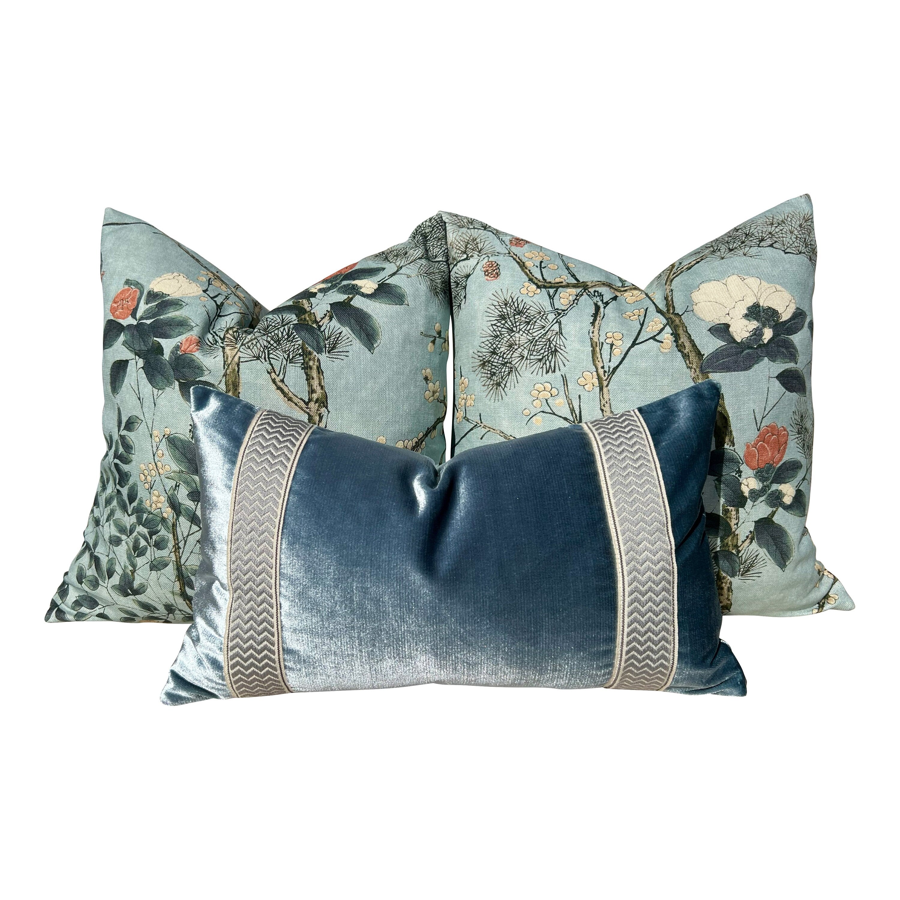 Katsura Pillow in Mist. Designer Aqua Pillows, High End Floral Pillow Case, Euro Sham Cover, Decorative Lumbar Pillows, Bedroom Floral Decor