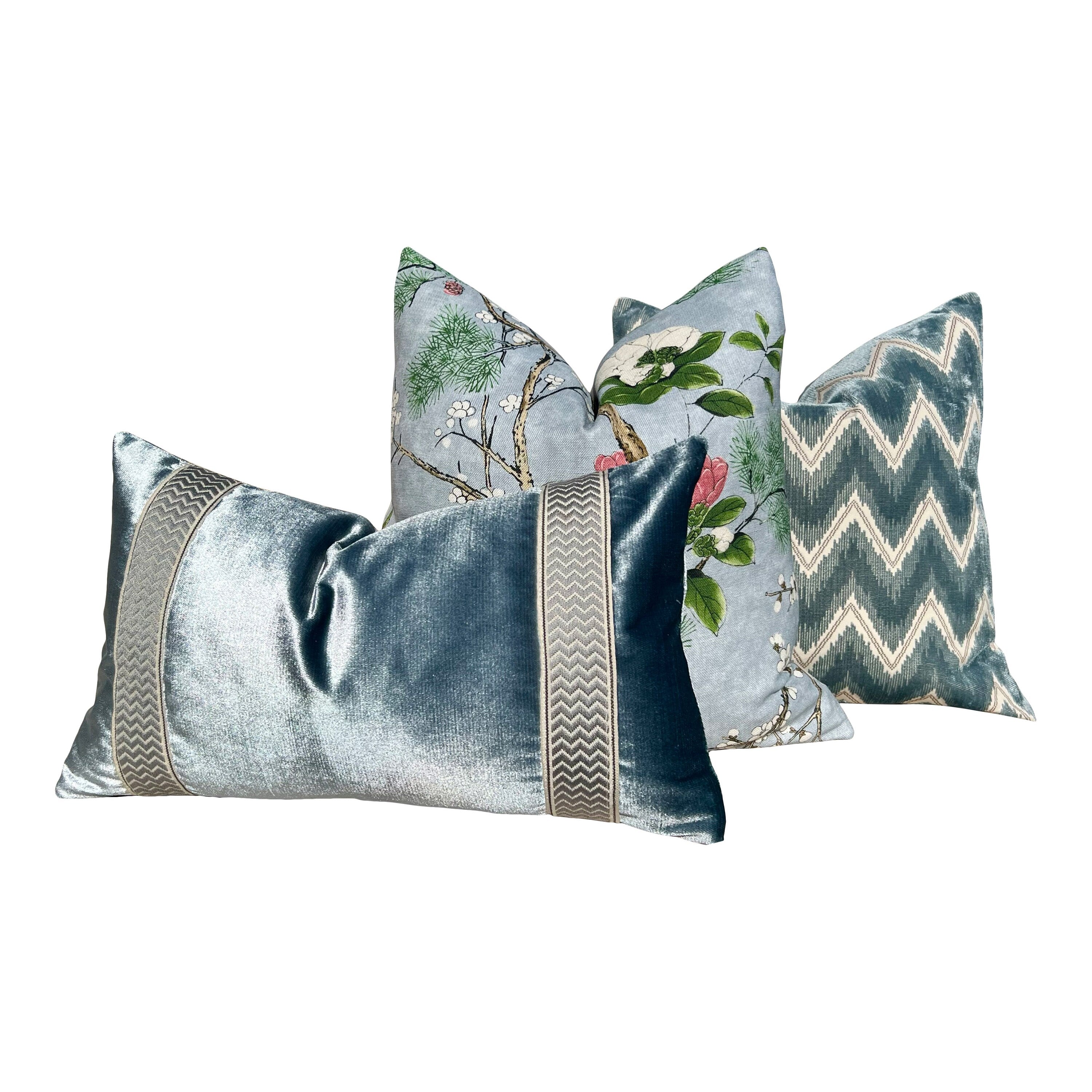 Katsura Pillow in Mist. Designer Aqua Pillows, High End Floral Pillow Case, Euro Sham Cover, Decorative Lumbar Pillows, Bedroom Floral Decor